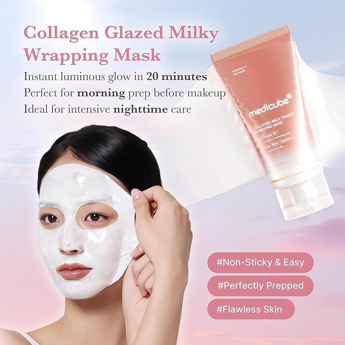 medicube Collagen Glazed Milky Glow Daytime Wrapping Mask | Quick & Easy-to-Peel Mask for Radiance, Hydration & Smooth Texture | Glutathione, Niacinamide, 130Da Collagen for Plumped, Glass Glow Skin