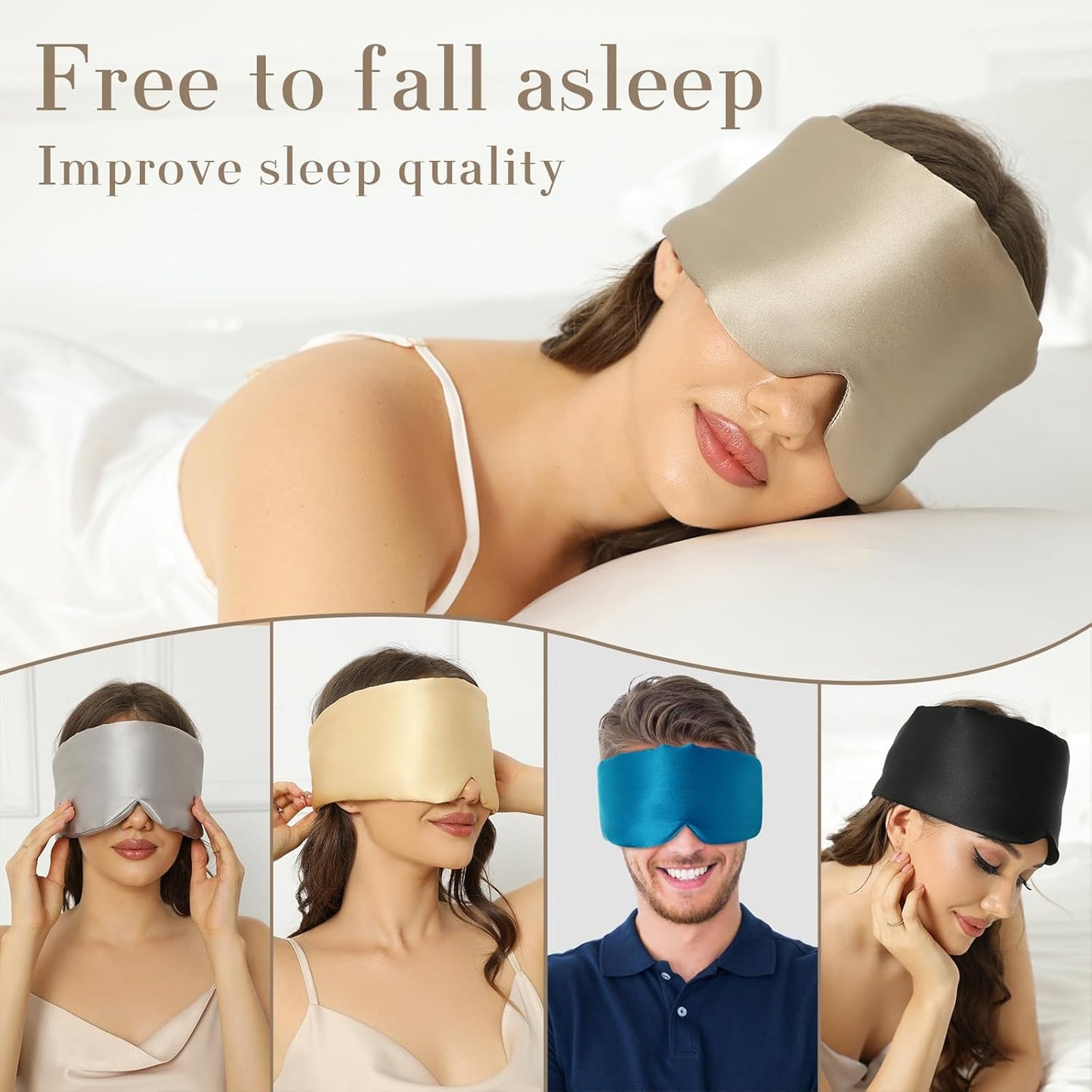 100% Mulberry Silk Sleep Mask Eye Mask for Women Man with Adjustable Band, for Side Sleeper Blackout Sleep Mask for Travel Rest and Office Large Size (Taupe)