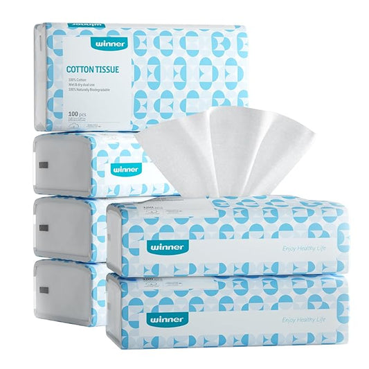 Winner Soft Face Towels, 100% USDA Biobased Facial Towels, Unscented Cotton Tissues for Sensitive Skin, OEKO-TEX Certified Face Towelettes Disposable, Makeup Remover Dry Wipes, 600 Ct, Pack of 6