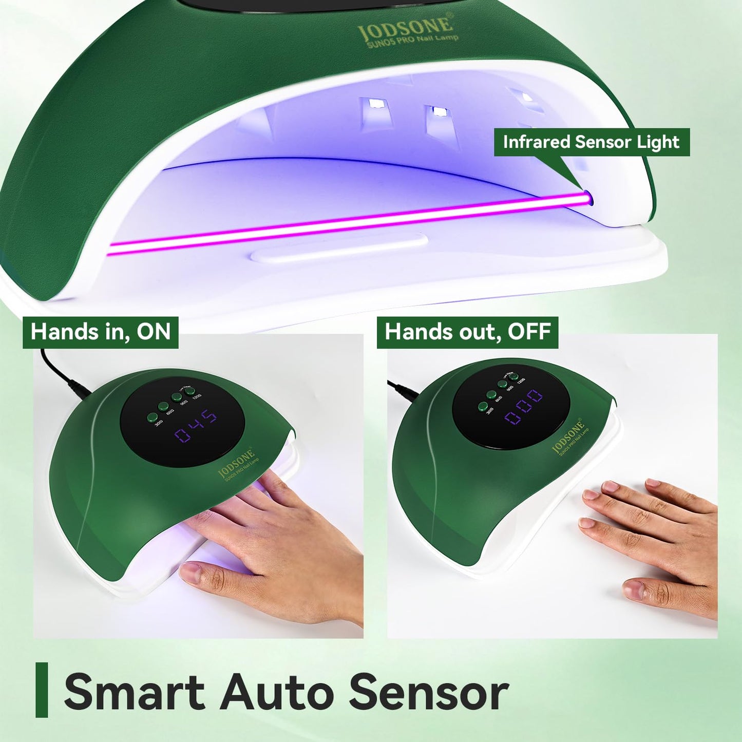 JODSONE U V Nail Lamp LED Gel Nail Dryer Gel Nail Lamp with Auto Sensor and 4 Timers Home Salon Use Nail Tools Green