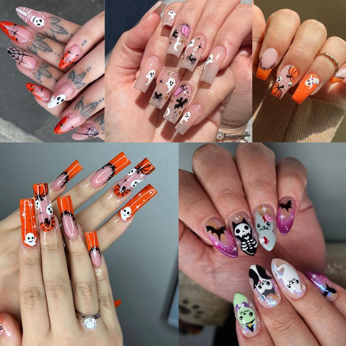 Halloween Nail Stickers 6 Sheets Halloween Self Adhesive Nail Design Stickers Goth Ghost Pumpkin Skeleton Black Cat Bat Nail Art Stickers Supply Halloween Nail Decals for Women DIY Manicure