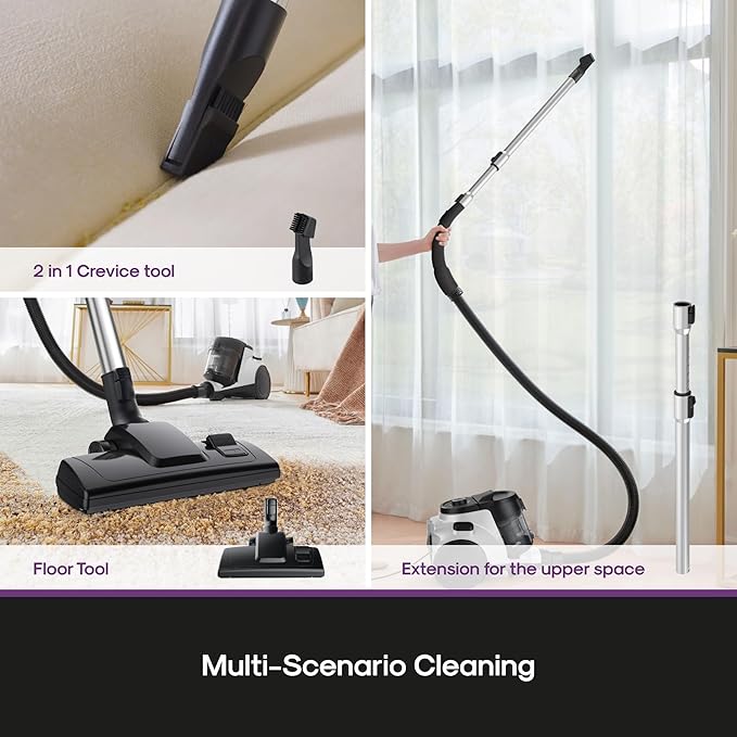 Eureka Bagless Canister Vacuum Cleaner, 1100W High Power Vacuum Cleaner for Carpets and Hard Floors HEPA Filter Extension Tube 2-in-1 Crevice Tool Floor Nozzle, NEN121WH