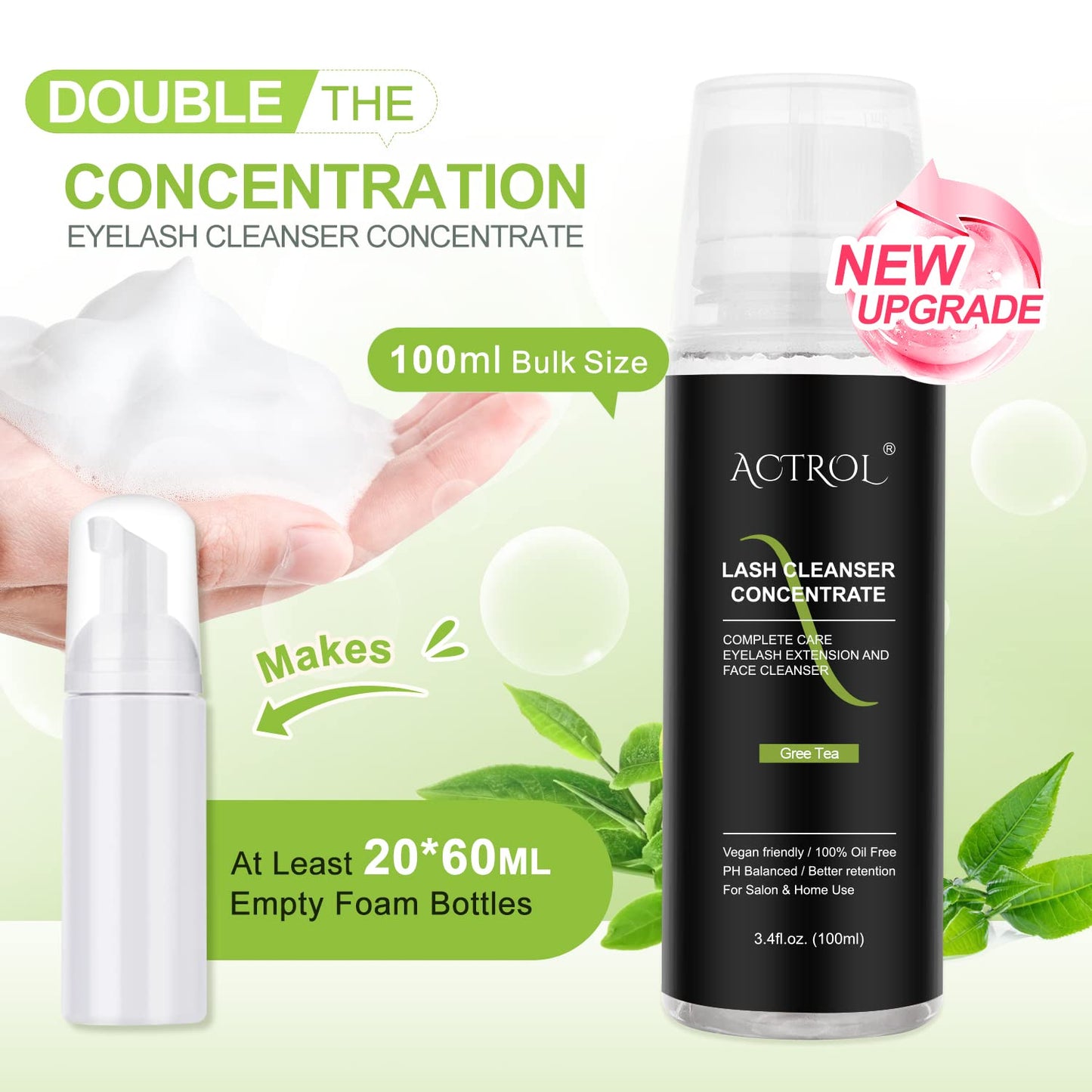 Eyelash Cleanser Concentrate 100ml Green Tea Professional Lash Shampoo Foaming Cleanser Paraben & Sulfate Free Non-lrritating Wash for Extensions Lashes with Salon Home Care-Makes 20 Bottles