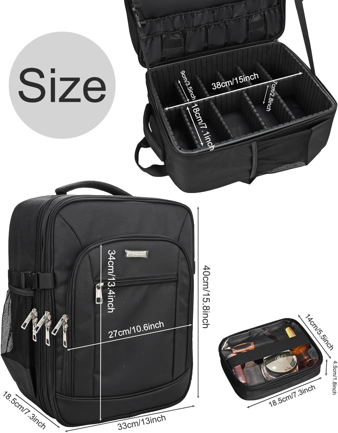 Makeup Backpack Makeup Artist Bag Professional Extra Large Cosmetic Bag Travel Train Case Storage Organizer Double-Layer Large Capacity Cosmetic Case with 4 Pouch(Black)