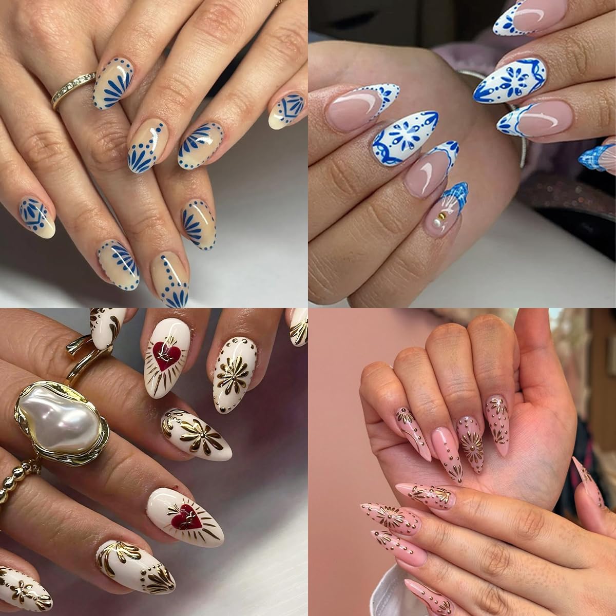 Bohemian Style Nail Stickers 3D Self Adhesive Nail Art Stickers Retro Blue Nail Decals Gold Silver Bohemian Design Flower Nail Sticker for Nail Art Decoration Manicure Accessories for Women 6 Sheets