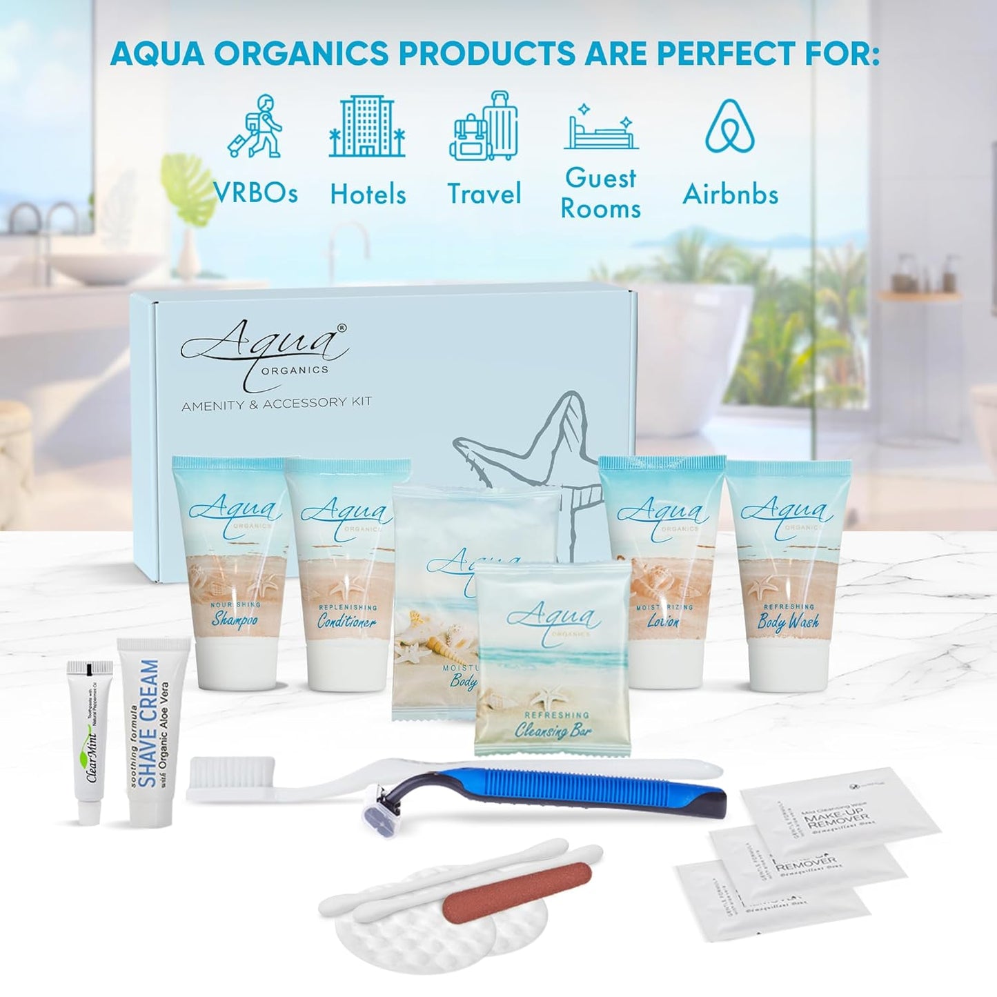 Aqua Organics Amenity & Accessory Kit|1oz Travel Size Shampoo,Conditioner,Lotion,Body Wash,Body Bar, Cleansing Bar, Shave & Dental Sets, Make-Up Remover Wipes & Vanity Kit|60 sets