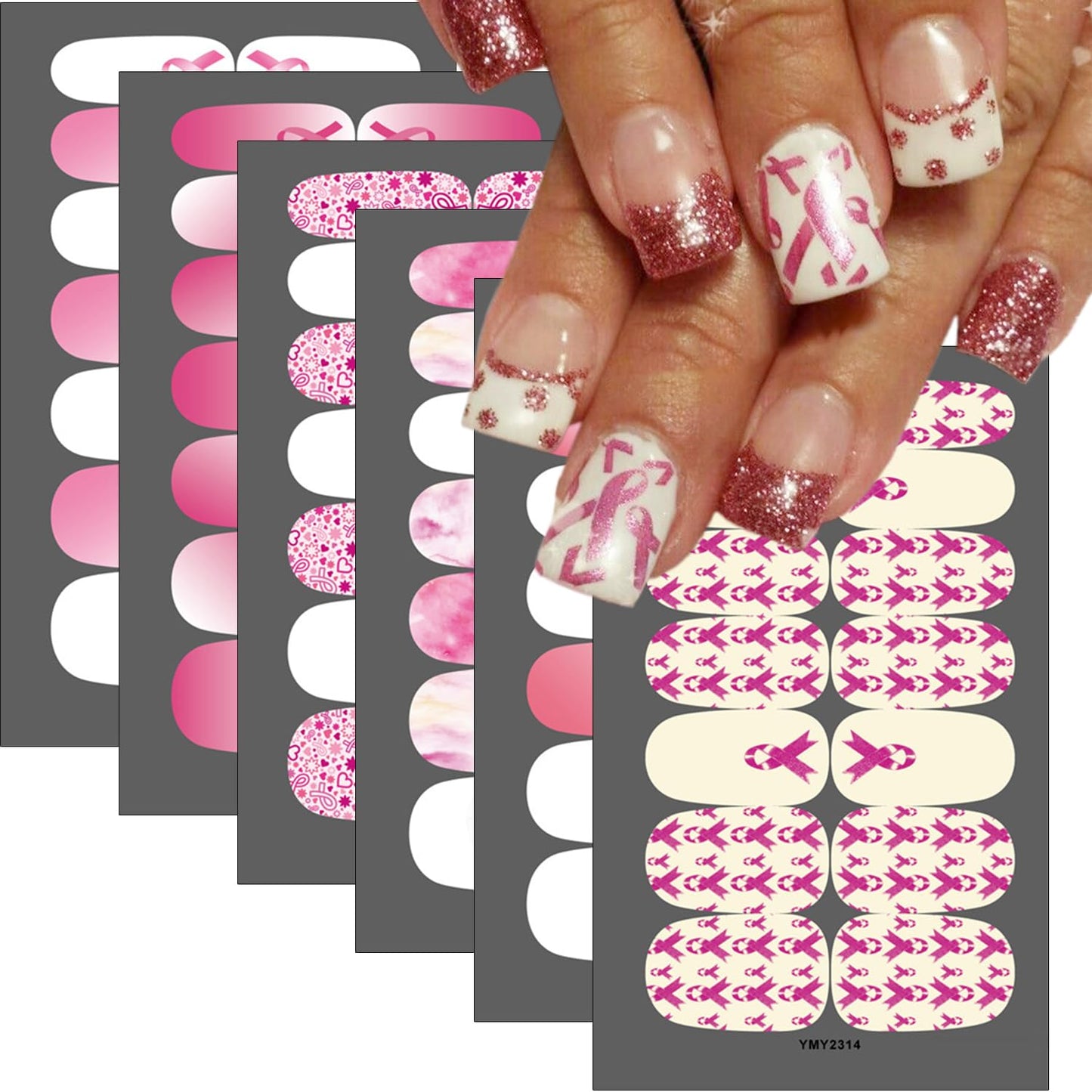 6Sheets Breast Cancer Gel Nail Stickers Pink Ribbon Polish Strips Self-Adhesive Awareness Full Wraps Decals Gradient Pink Butterfly Strips for Women DIY Manicure