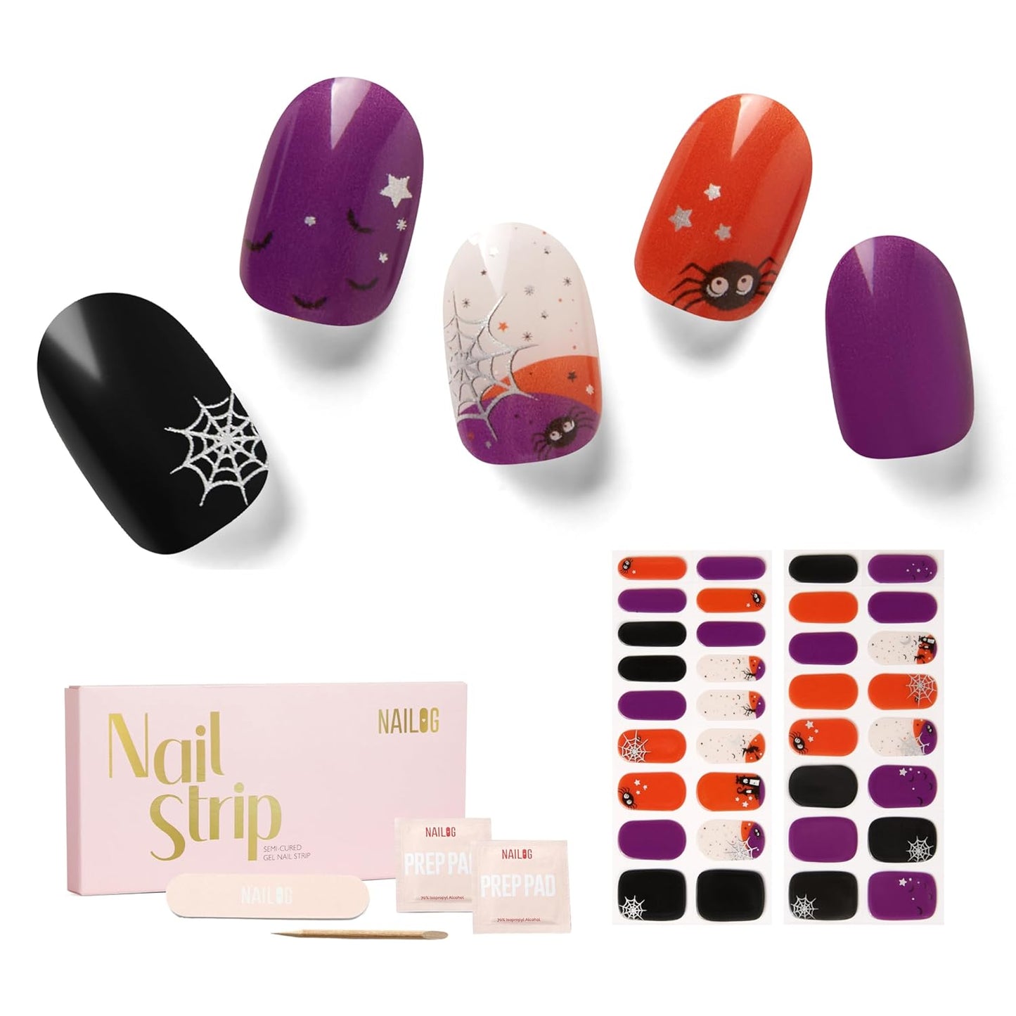 NAILOG Semi Cured Gel Nail Strips 34 pcs| Buy 2 Get 1 UV Lamp | Long Lasting Nail Polish Sticker Wraps with Glossy Gel Finish, Dark Moon Night