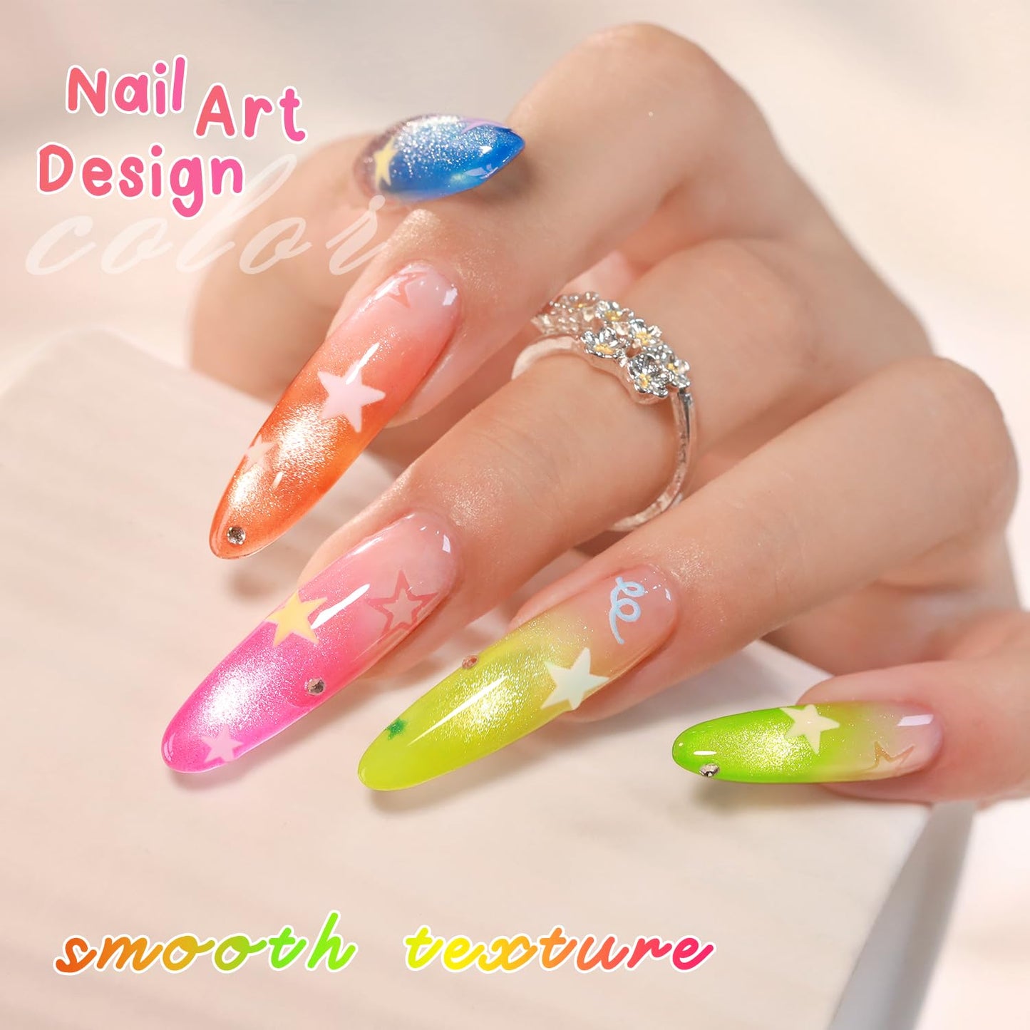 Double Rhythm Cat Eye Gel Nail Polish Set of 6 Same Color Same Bottle 0.5 Oz Shimmer Glitter with Magnet Holographic Reflective Magnetic UV Polish Kit at Home (Neon Orange Red Blue Green-T6-34)