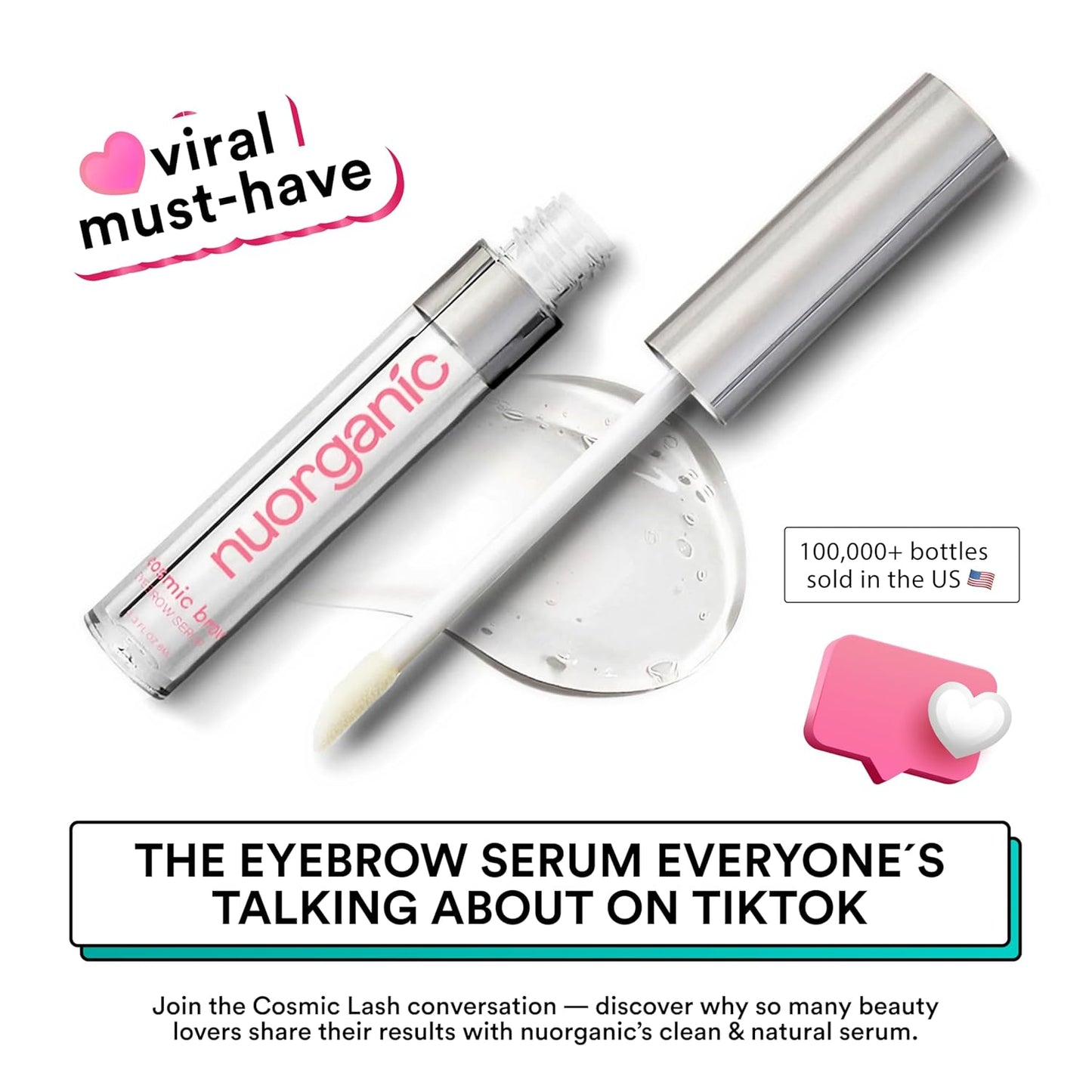 nuorganic 'Cosmic Brow' Eyebrow Serum for Growth | Natural Eye Brow Serum for Thicker, Longer, More Defined Brows | 4 Months Supply XL Size | Cruelty Free, Made in USA