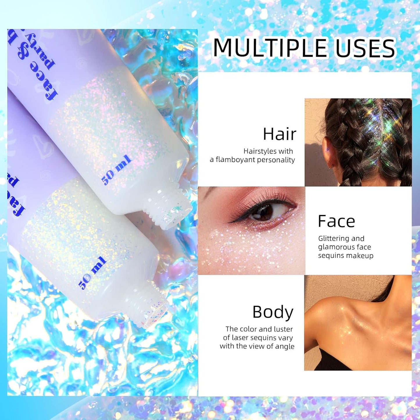 DAGEDA Body Glitter Gel, Holographic Face Glitters Body Gel Shimmer Liquid Eyeshadow, Color Changing Glitter for Face Hair Nails, Glitter Under Light Festival Glitter Makeup 1.7oz (Sparkling Pink)