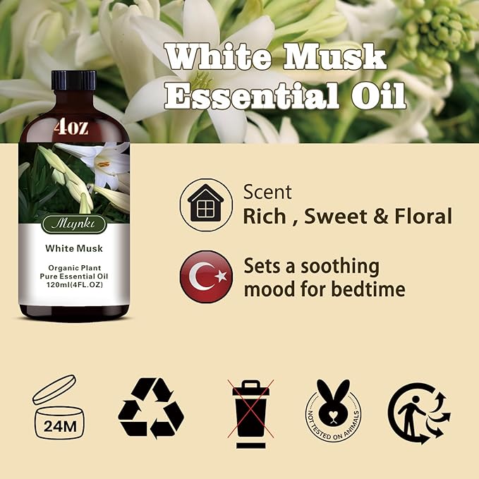 White Musk Fragrance Oil-White Musk Essential Oil 4.33oz (130ml)-100% Pure Natural Scent for Diffusers, Candles, Soap Making & Aromatherapy-Relaxing Home & Gift Essential Oil for Bath, Massage