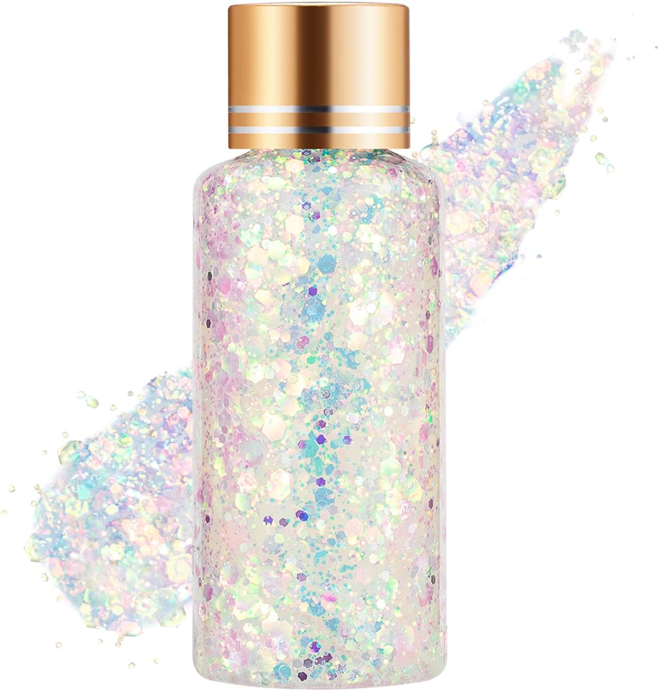 Clear White Face Body Hair Glitter Gel for Women Kids, Changes Color with The Angle and Light, Holographic Mermaid Sequin Sparkling Paint Makeup for Halloween Festival Rave Accessories, 1oz