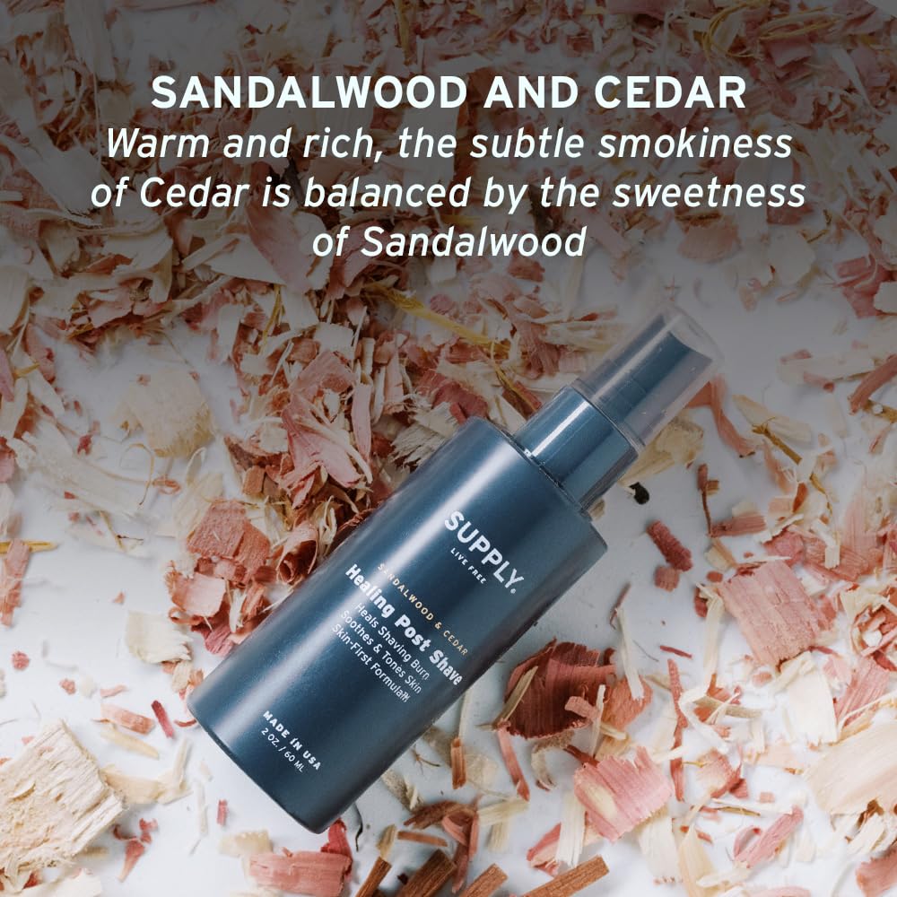 SUPPLY Healing Post Shave- Sandalwood & Cedar After Shave- Alcohol- Free Soothing Formula for Men- Nourishes, Soothes and Boost Cell Repair- for Sensitive and Acne-Prone Skin- 2 oz. Bottle
