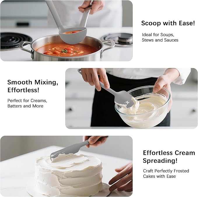 Coukre Silicone Kitchen Cooking Utensils Set with Holder – Heat-Resistant, Food-Grade Kitchen Tools, Spatula, Spoon & Gadgets for Non-Stick Pans, Dishwasher Safe (14, PureGray)