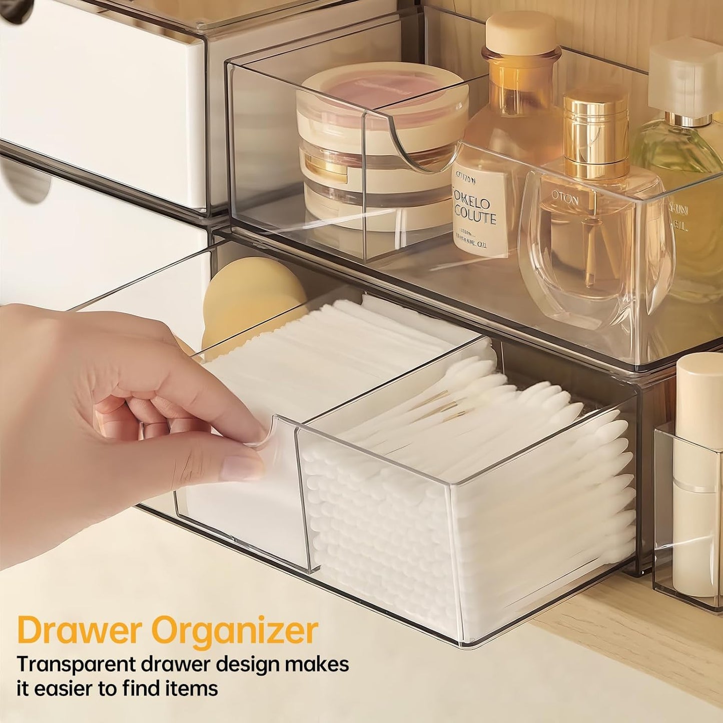 Medicine Cabinet Organizer 2 Pack, Stackable Storage Drawers with Removable Divider, Make Up Organizer for Bathroom Mirror Cabinets, Vanity, Closet, Countertop - Clear