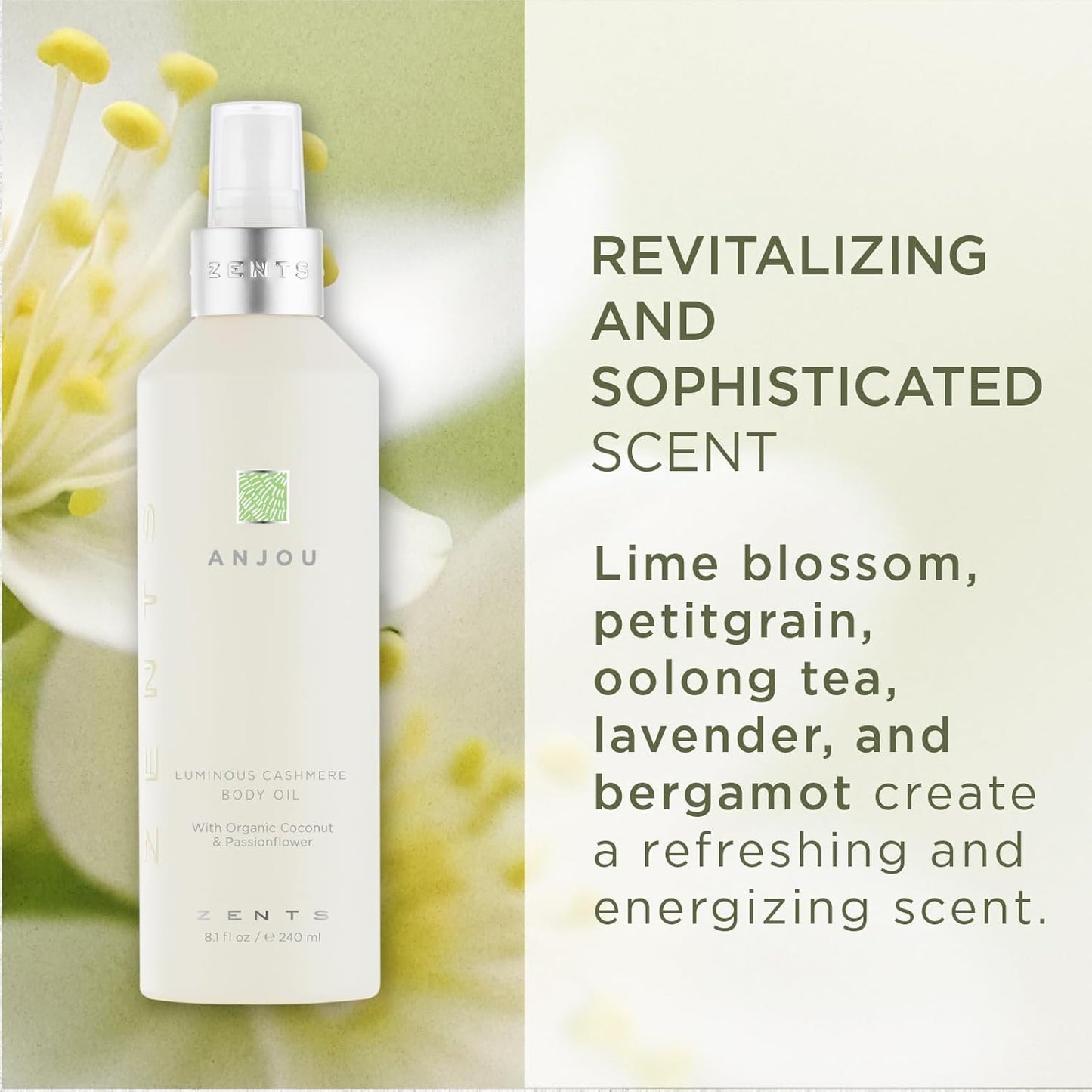 Zents Luminous Cashmere Body Oil (Oolong Fragrance) | Moisturizing Body Oil with Vitamin E & Organic Coconut Oil | Softens & Smooths Skin | 8 fl oz