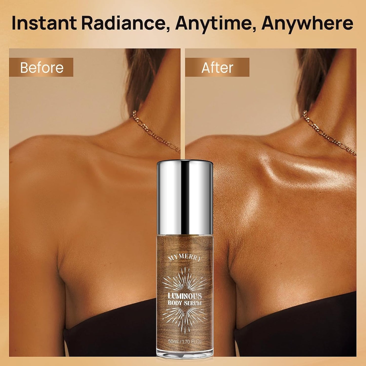 Body Shimmer Oil, 50ml Suncreen Liquid Highlighter Bronzer Body Glitter Oil Long Lasting Moisturizing Makeup Lotion Illuminate Serum Glow Shimmer Skin 1.7 Fl Oz（Bronze Brown #01）