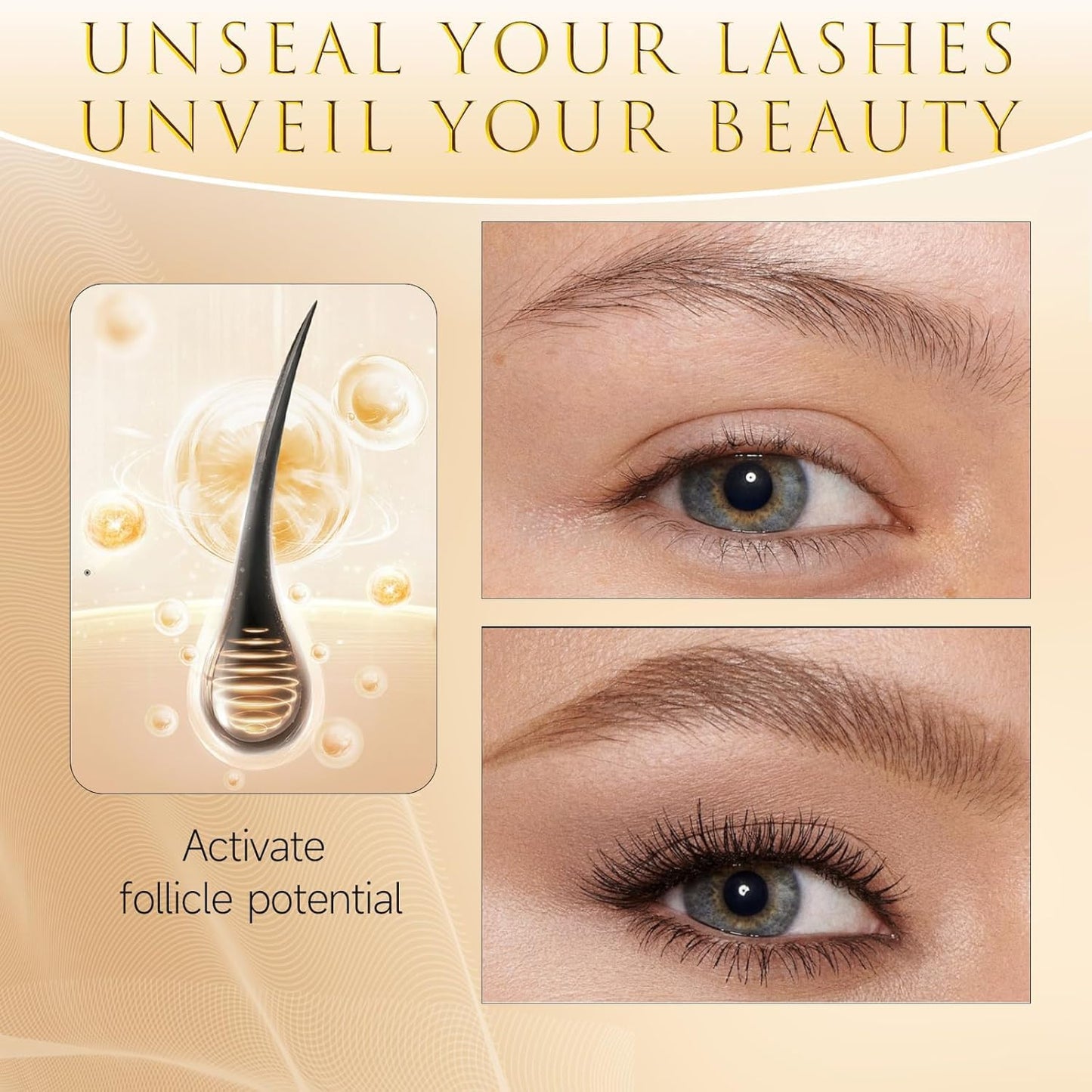 Eyelash Growth Serum – 15 Plant Extracts for Longer, Denser & Robust Lashes,Boosts Natural Lash Development,eyelash serum,Enhance Natural Beauty, Hypoallergenic Oil Free,lash growth serum（Black-Gold）