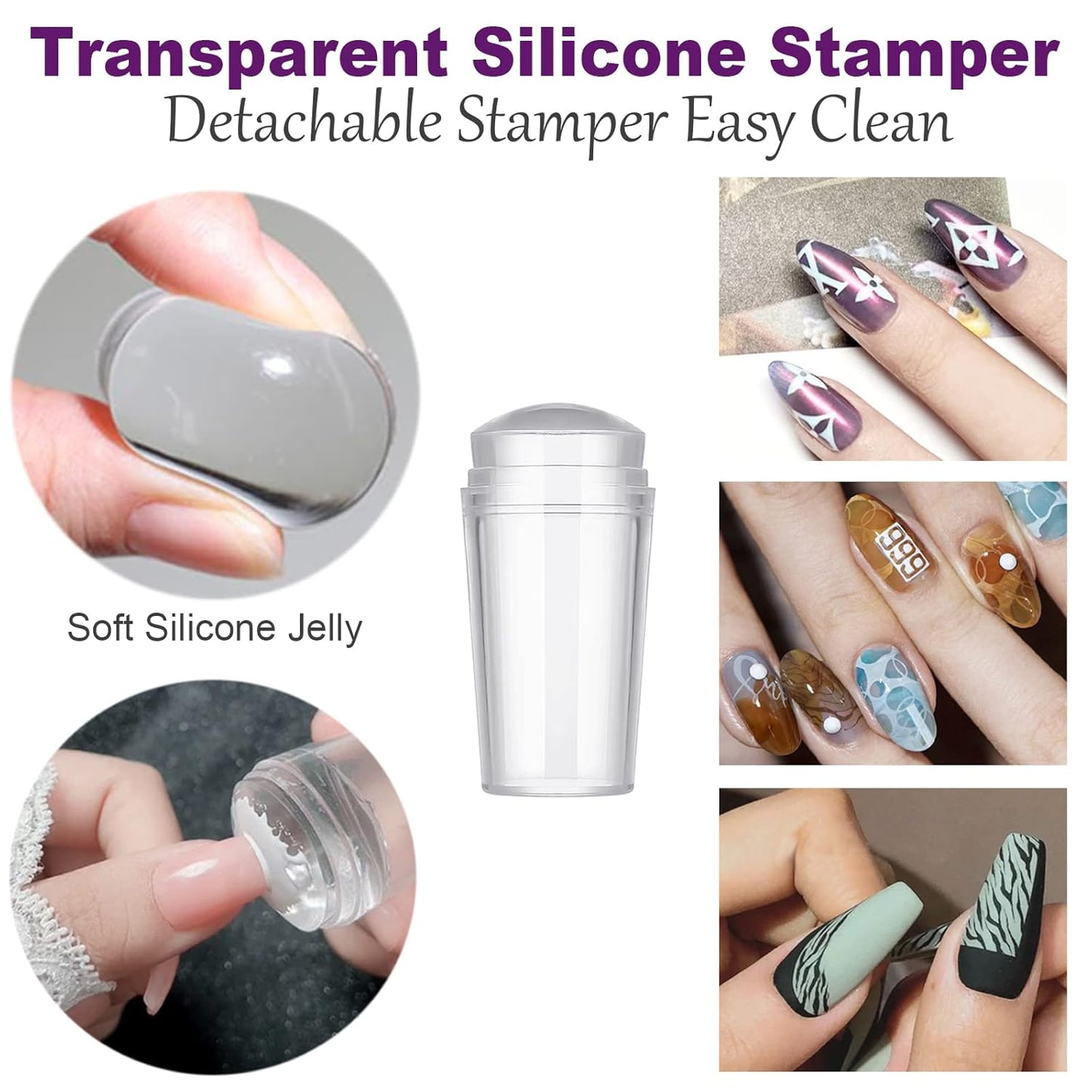 Nail Stamper Nail Art Brushes - French Tip Nail Stamp Clear Nail Art Stamper Jelly with Scraper, 3pcs Nail Pen Brushes, Soft Silicone Stamper Printer DIY French Tip Nail Stamping (3Pcs)