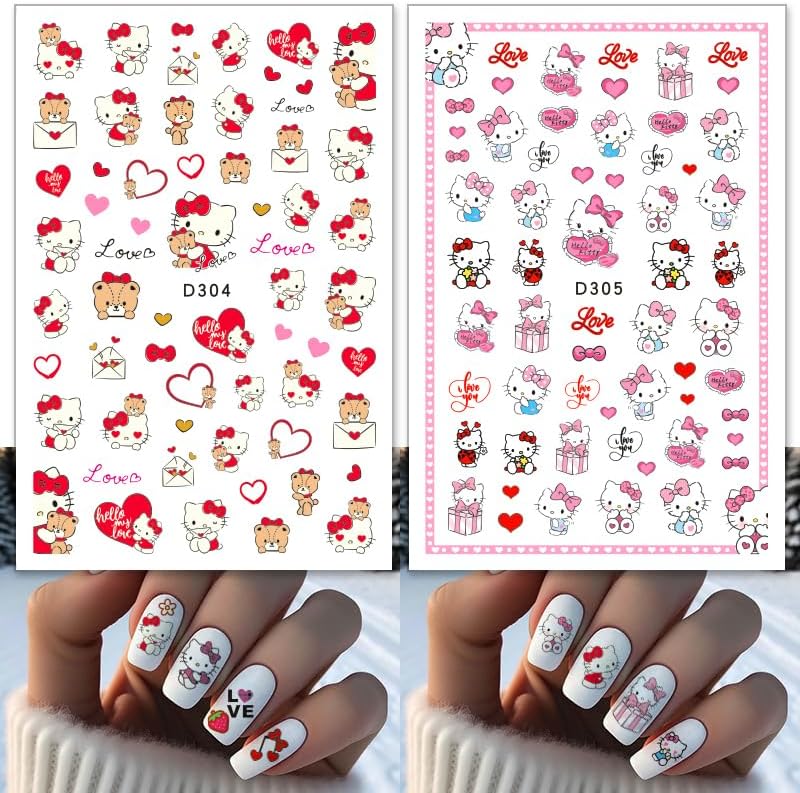Valentines Nail Stickers Pink Cat Nail Art Stickers 3D Cat Self-Adhesive Nail Design Supply Heart Lover Romantic Cartoon Nail Decals for Women Girls DIY Manicure Decoration