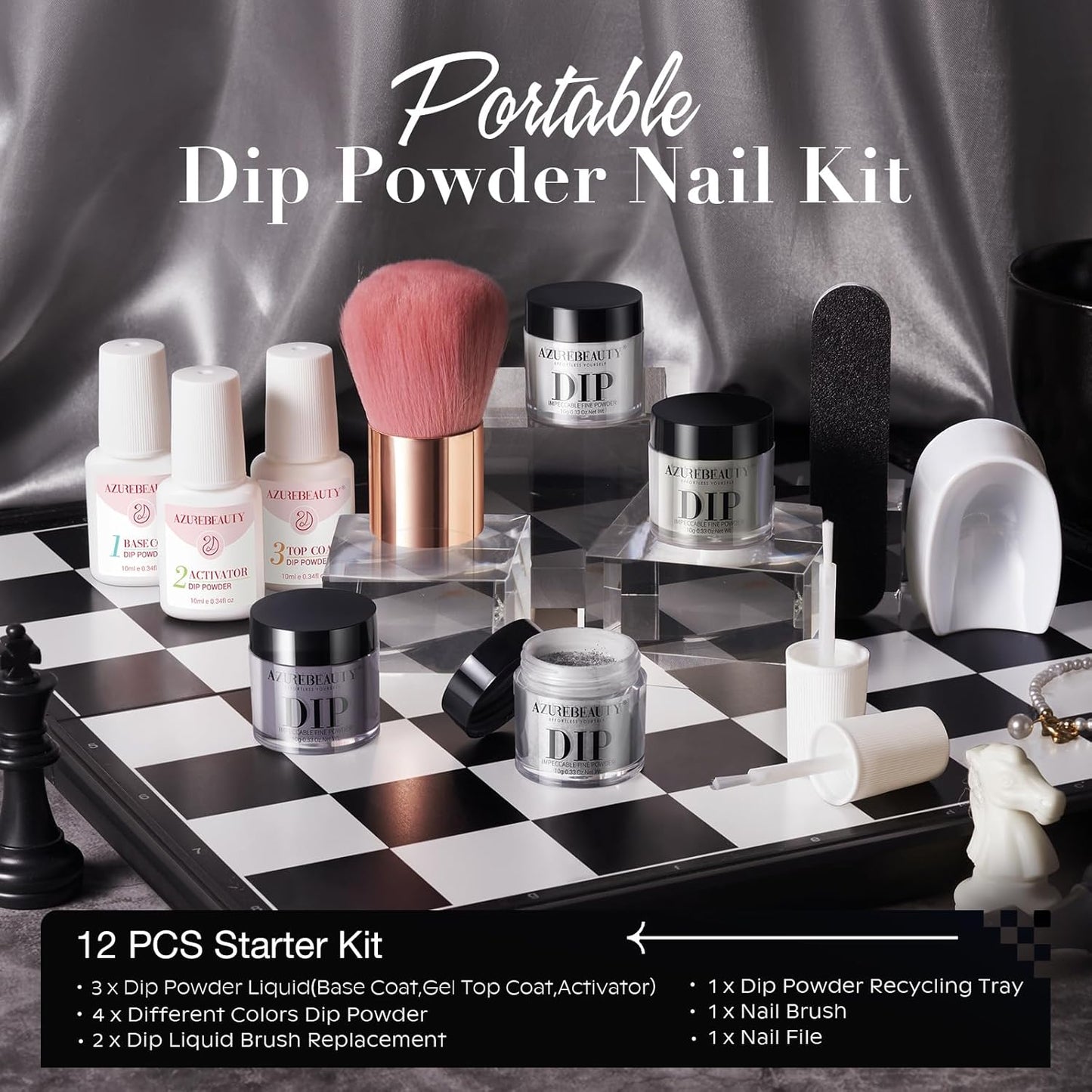 AZUREBEAUTY Dip Powder Nail Kit Starter, Light & Dark Grey Black Glitter Sparkle, 4 Colors Dipping Powder Set All Seasons, French Nail Art Base Top Coat Activator Liquid Manicure DIY Salon 12 PCS