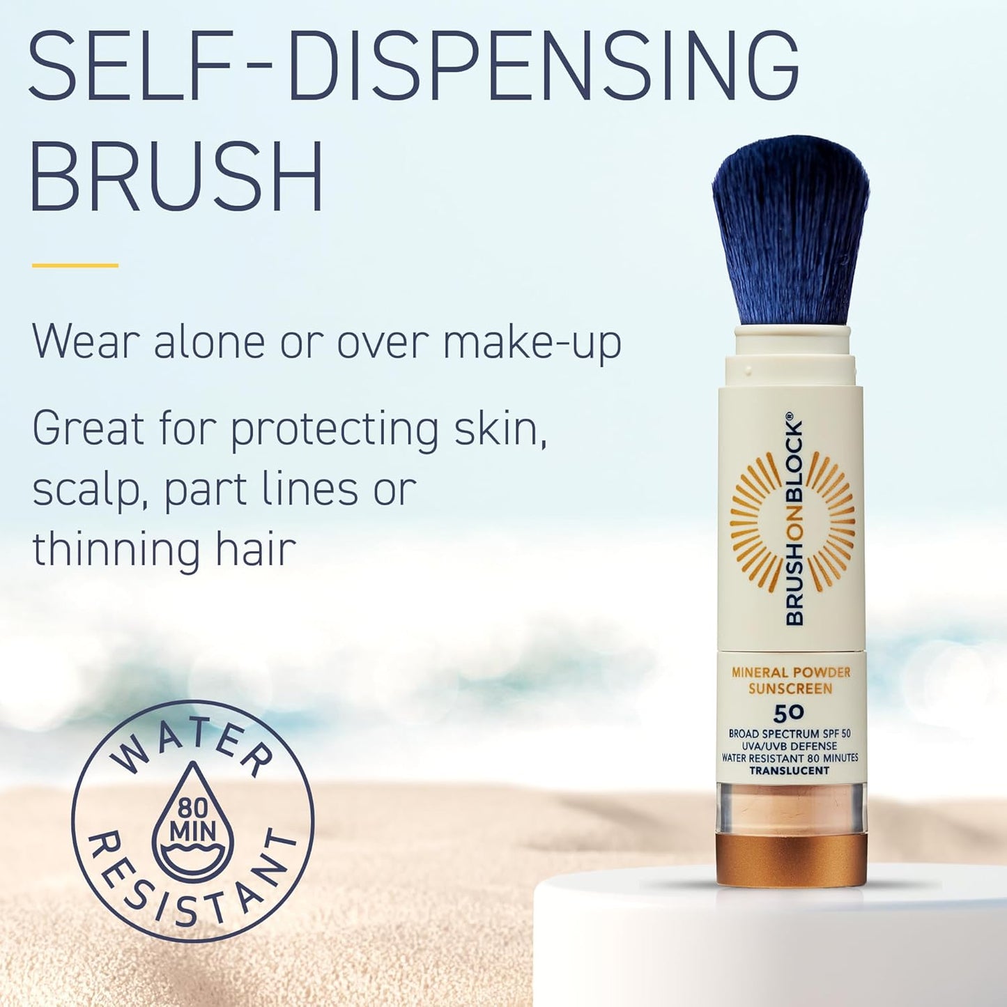 Brush On Block SPF 50 Mineral Powder Sunscreen, Translucent, Broad Spectrum, Water Resistant Face Protection, For All Skin Tones & Types, Reef Friendly, Mfg in USA