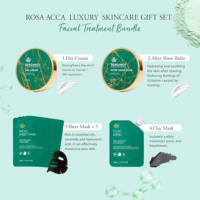 Men Bergamot Facial Skin Care Set, 21 Pcs Beard Grooming Kit, Bath and Body Gift Set, Cleanser, Beard Oil, Serum, Face Cream, Birthday, Christmas, Valentines, Father Day, Husband, Dad, Boyfriend