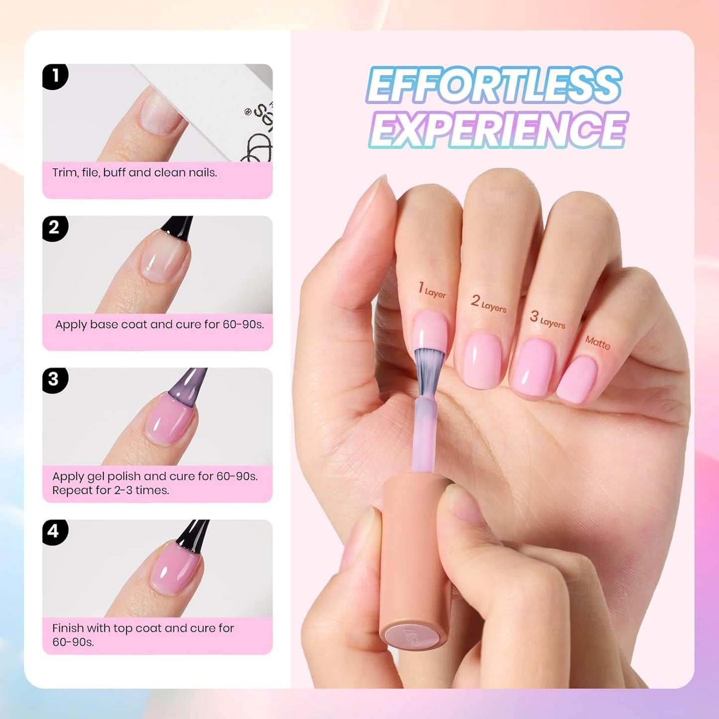 Beetles Pastel Gel Nail Polish Set, 6 Colors Jelly Gel Polish Kit Pink Blue Purple Orange Yellow Green Translucent Effect Soak Off UV Candy Sweet Collection French Nail Gift for Women