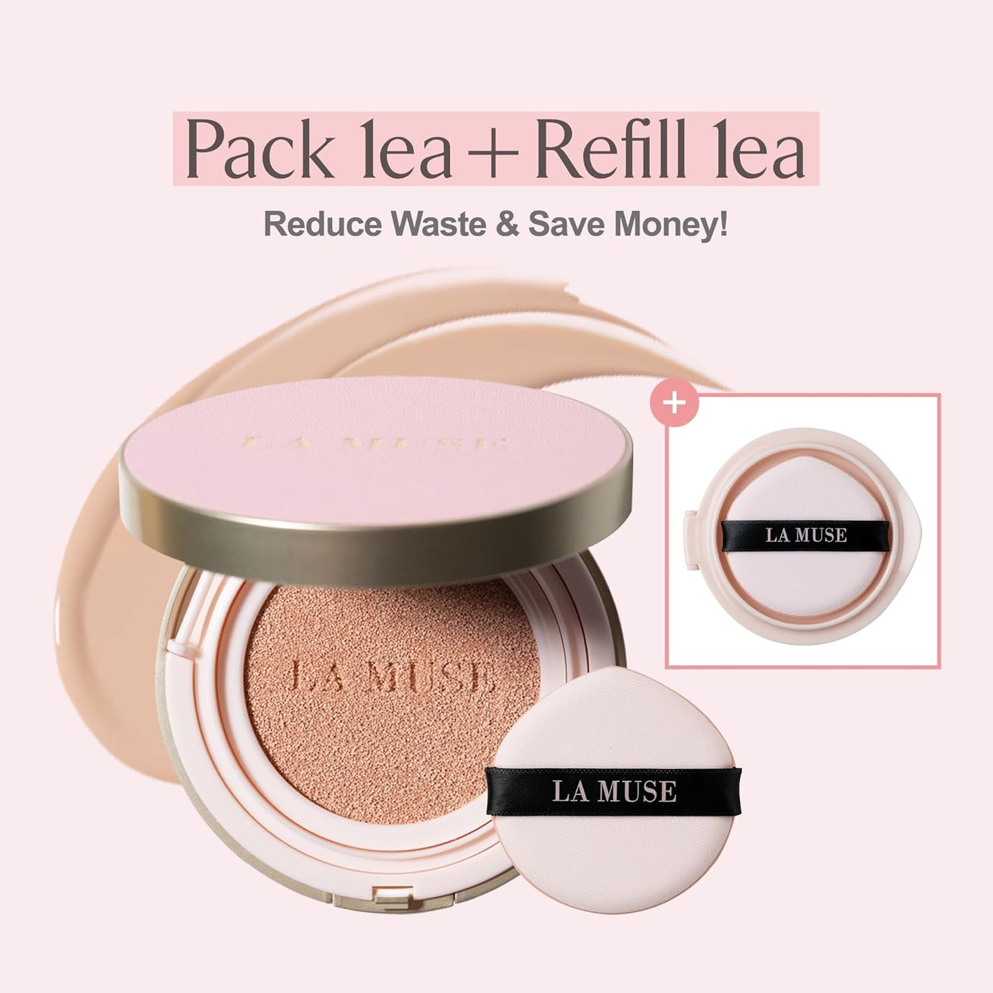 LA MUSE Korean Cushion Foundation, #21 Light Beige(2 Packs) | Lightweight, Breathable but Perfect Blemish Cover for Summer | Long-Lasting, Korean Foundation with Radiant Dewy Finish | Skin Hydrating