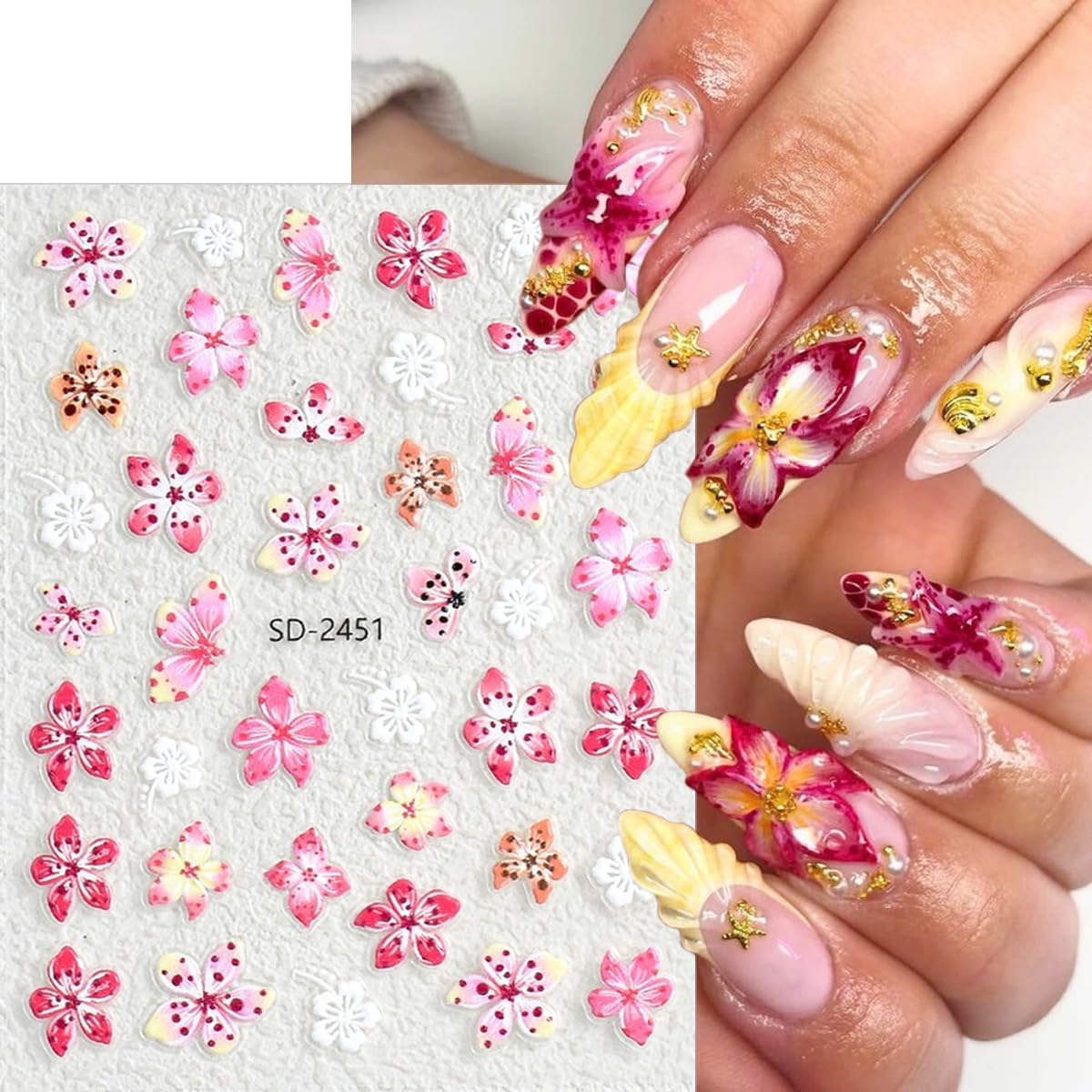 3 Sheets 5D Embossed Flower Nail Art Stickers Self Adhesive Summer Nail Decals Beach Starfish Nail Stickers Hawaii Nail Design Sticker Colour Flower Nail Art Supplies for DIY Decoration Supplies