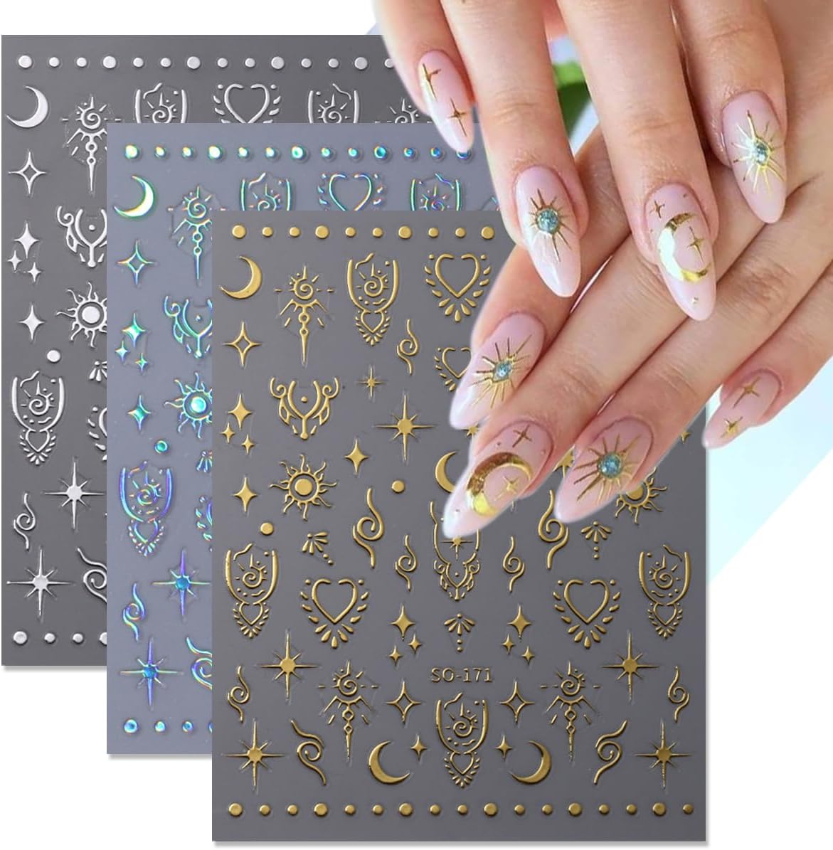 8Sheets Moon Star Nail Art Stickers 3D Self-Adhesive Metallic Sun Nail Decals Holographic Laser Glitter Nail Art Design Stickers Stars Sun Silver Nail Stickers for Women Acrylic Nail Decor Charms DIY