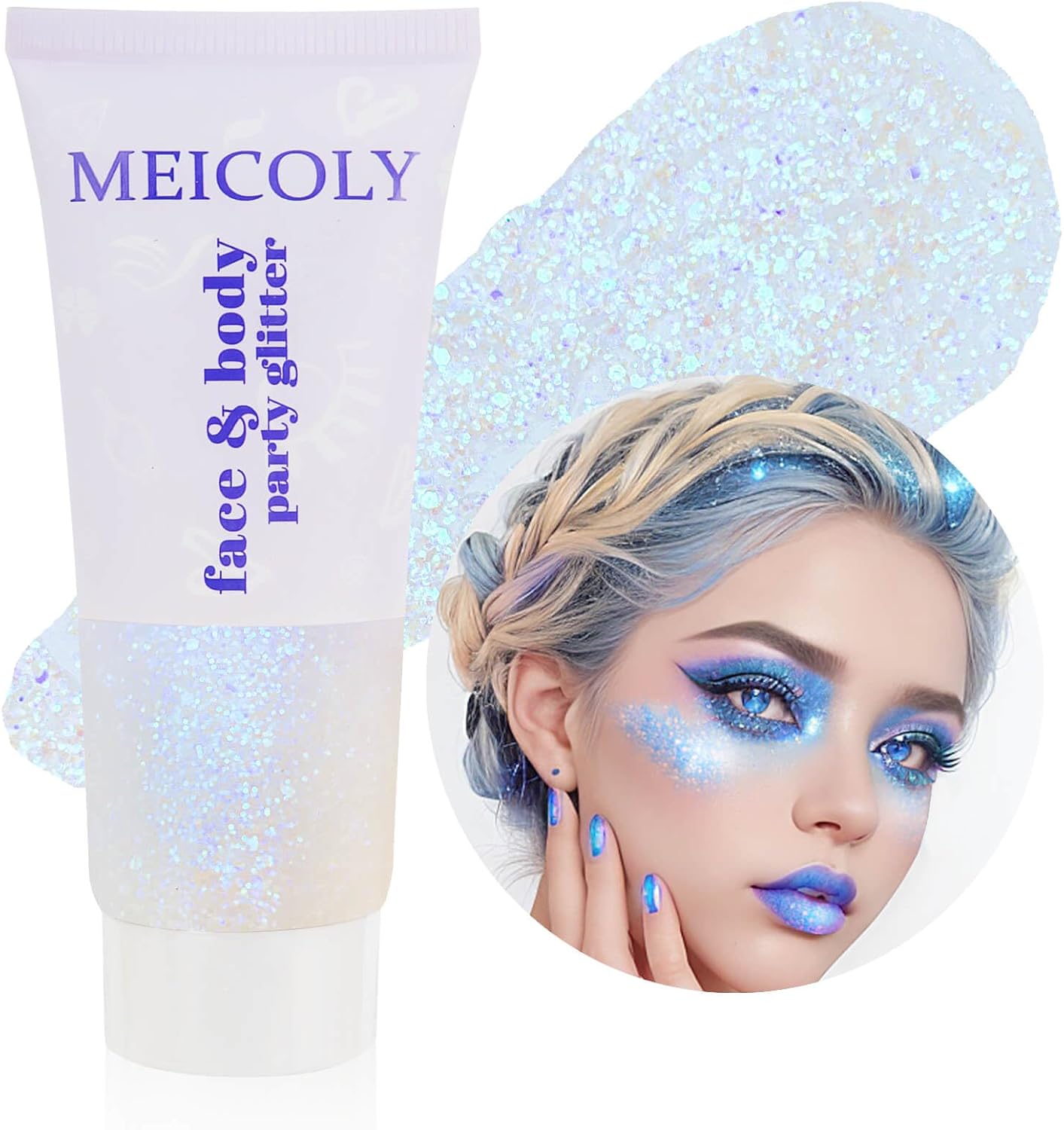 MEICOLY Sparkling Blue Body Glitter,Halloween Face Glitter,Color Changing Glitter Gel for Body,Face,Hair,Lip,Eye,Long Lasting Sequins Glitter Face Paint,Festival Party Glitter Makeup,50ml
