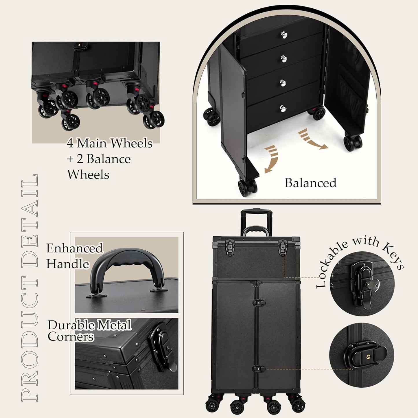 Joligrace Professional Rolling Makeup Case 4 Drawers Pro Makeup Artist Cosmetic Train Case Hairstylist Travel Case Portable Make Up Station with Multiple Compartments Extra Large - Black