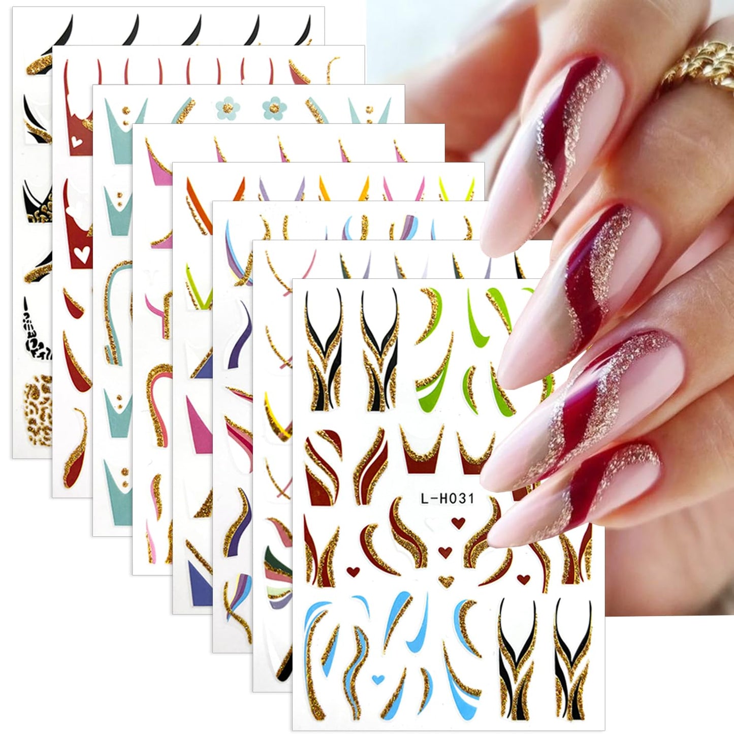 8 Sheets Shiny Line Nail Stickers - French Tip Nail Decals, 3D Glitter Wavy Stripe Designs, Gold Nail Tip V Shape Lines for DIY Acrylic Manicure Decoration