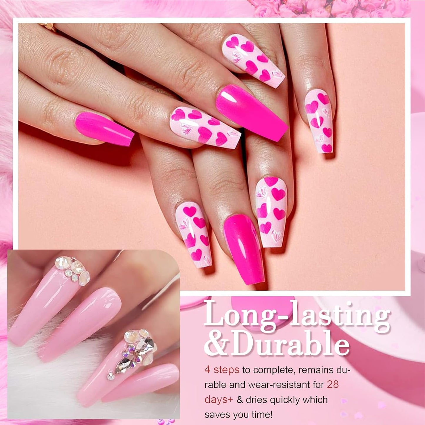 Honey Joy Dip Powder Nail Kit Starter, 4 Colors Hot Pink Glitter Fine Dipping Powder Liquid Set with Base Top Coat Activator for Nail Art Manicure Salon DIY No LED Nail Lamp Needed, Dip-7pcs-01