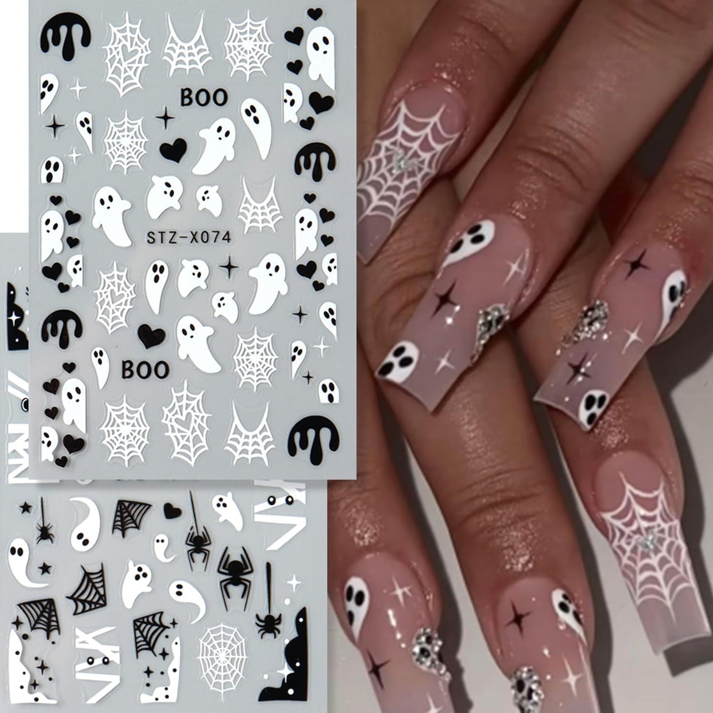 8 Sheets Halloween Nail Decals Black White Ghost Spider Web Nails Sticker Cute Pumpkin Skull Nail Art Decal Self-Adhesive Bat Blood Drop Nails Art Stickers for Women Halloween Decor