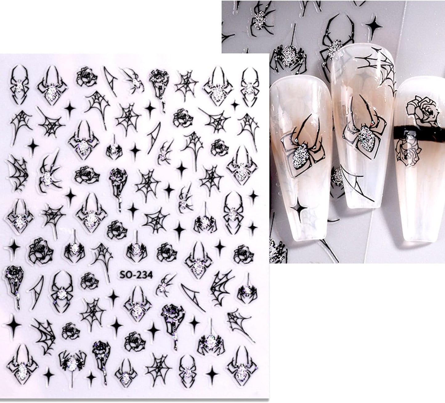 6 Sheets Halloween Nail Stickers Gold Silver Nail Decals for Nail Art Glitter Spider Nail Decals Spider Web Rose Stars Love Heart Design Nail Art Stickers for Women Girls DIY Nail Decorations