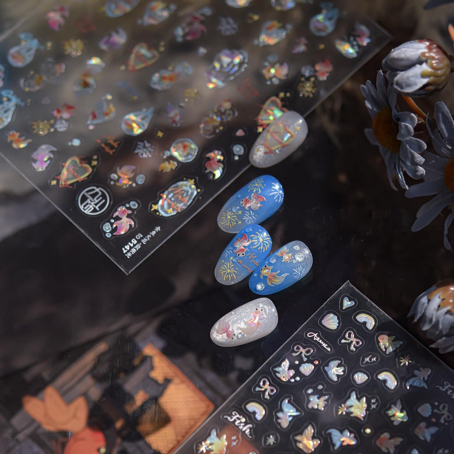 Goldfish Nail Art Stickers Sparkly Koi Fish Nail Stickers 5D Embossed Koi Lotus Leaf Chinese Style Manicure Decals Accessories Shell Light Goldfish Adhesive Slider for Women DIY Nail Art Decorations