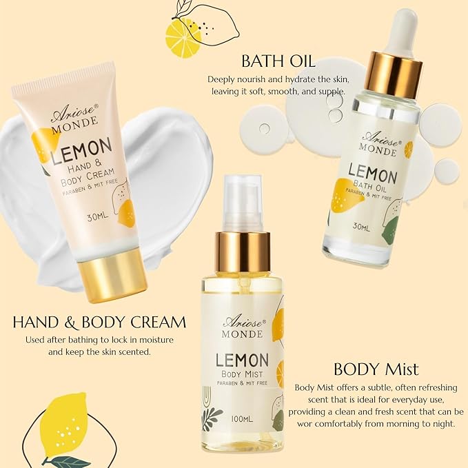 Lemon Scent Bath Spa Gift Box Set for Women - Shower Gel, Bubble Bath, Body Cream, Soap, Salt, Essential Oil