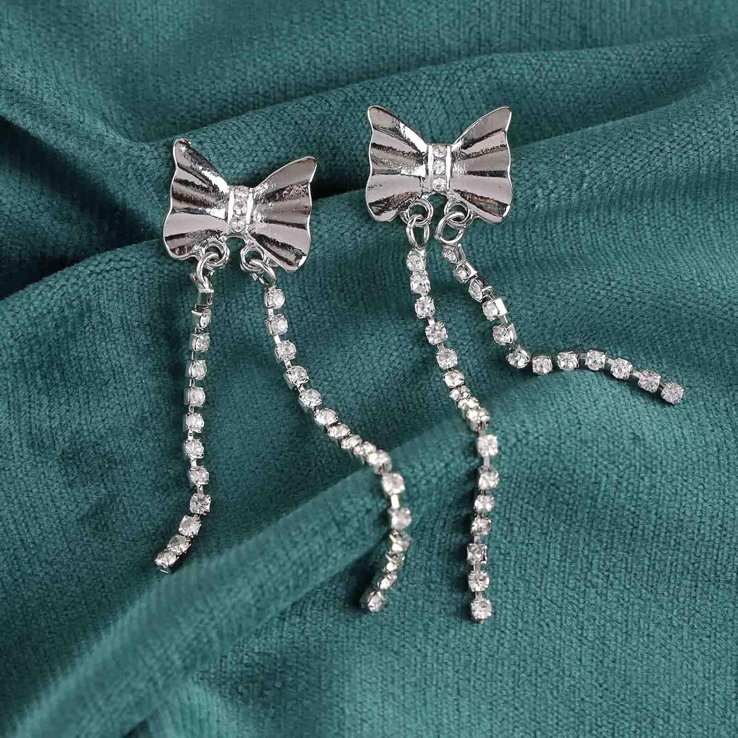Vintage Bow tennis chain Drop Earrings Long Crystal Chain Earrings Silver Bow Cz Tassel Earrings Sparkly Cz Bowknot Stud Earrings Jewelry for Women