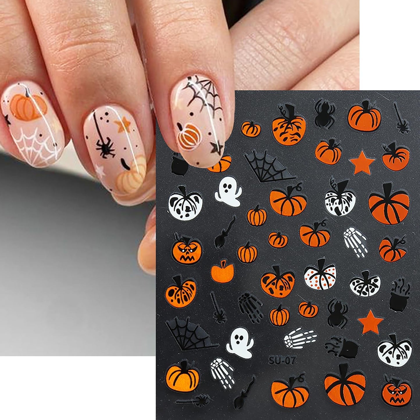8 Sheets Halloween Nail Art Stickers Cute Ghost Pumpkin 3D Self-Adhesive Nail Decals Spider Web Blood Flame Designs Manicure Art Fall Thanksgiving Nail Supplies for Women DIY Nail Decorations