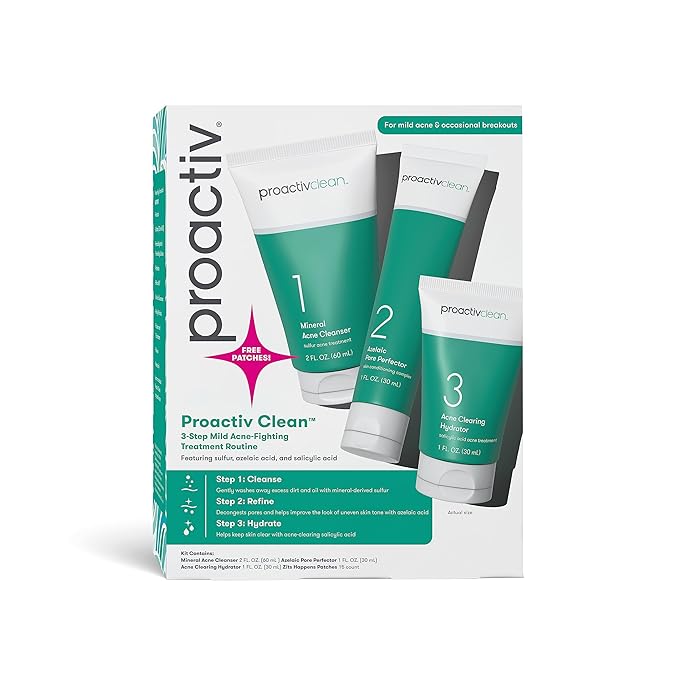 Proactiv Clean 3 Step Acne Routine w/ Pimple Patches- Sulfur Acne Treatment Cleanser, Azelaic Acid Serum, and Facial Moisturizer for Sensitive, Acne-Prone Skin- 30 Day Acne Kit with Pimple Patches