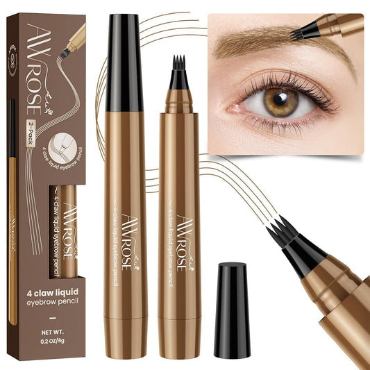 AWROSE Eyebrow Pencil, 2 Pack 3D Waterproof Microblading Eyebrow Pen 4 Fork Tip Tattoo Pencil, Precise Natural Magic Eye Brow Pen with Hair Like Strokes, 4 Points Multi-Used Eye Brow Pencils for Women