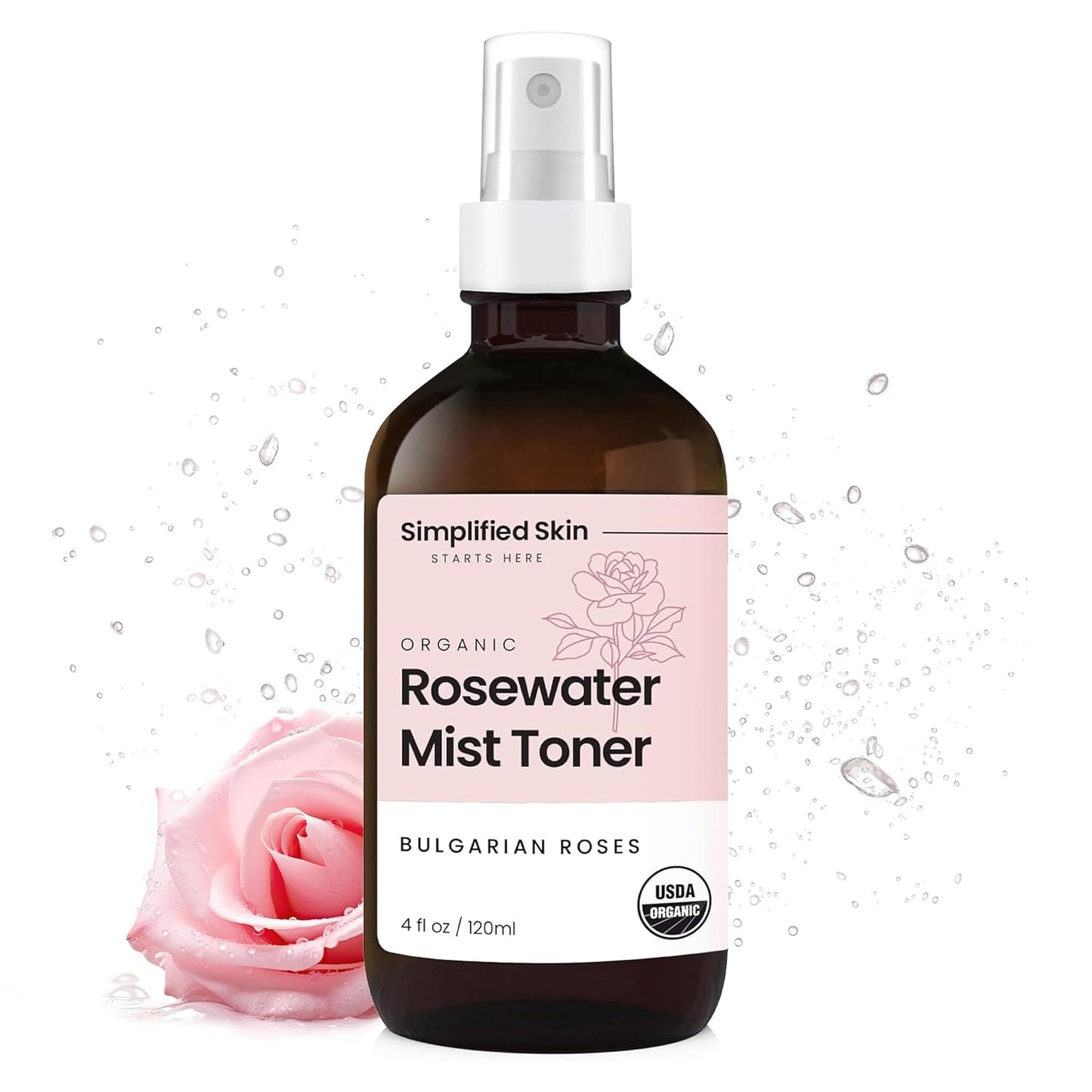 Rose Water Spray for Face & Hair - Organic USDA Certified Rosewater Facial Toner - Alcohol-Free Makeup Setting Hydrating Face Mist - Anti-Aging Toner Spray - 4 Oz