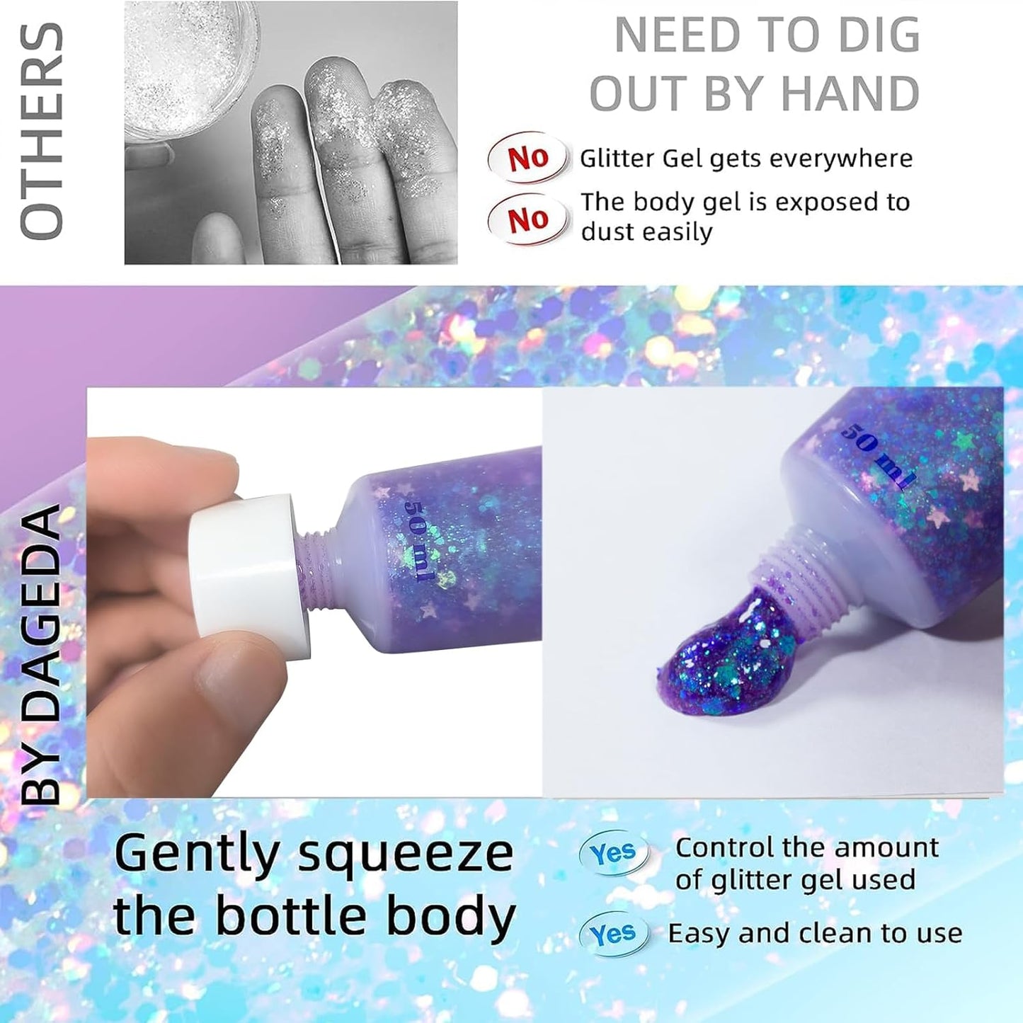 DAGEDA Body Glitter Gel, Face Glitters Body Gel Sequins Shimmer Liquid Eyeshadow, Chunky Glitter for Face Hair Nails, Holographic Cosmetic Laser Powder Festival Glitter Makeup1.7oz (Violet)