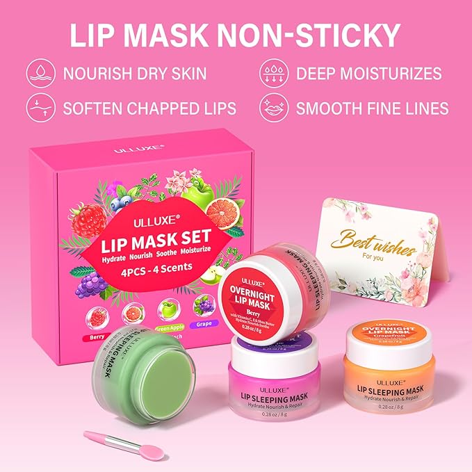 Lip Mask Set, Overnight Lip Sleeping Mask with Shea Butter & Vitamin C for Nourishing Hydration, Moisturizing Lip Balm Treatment for Dry, Flaky Lips, Lip Care Holiday Gift for Women & Teen Girls