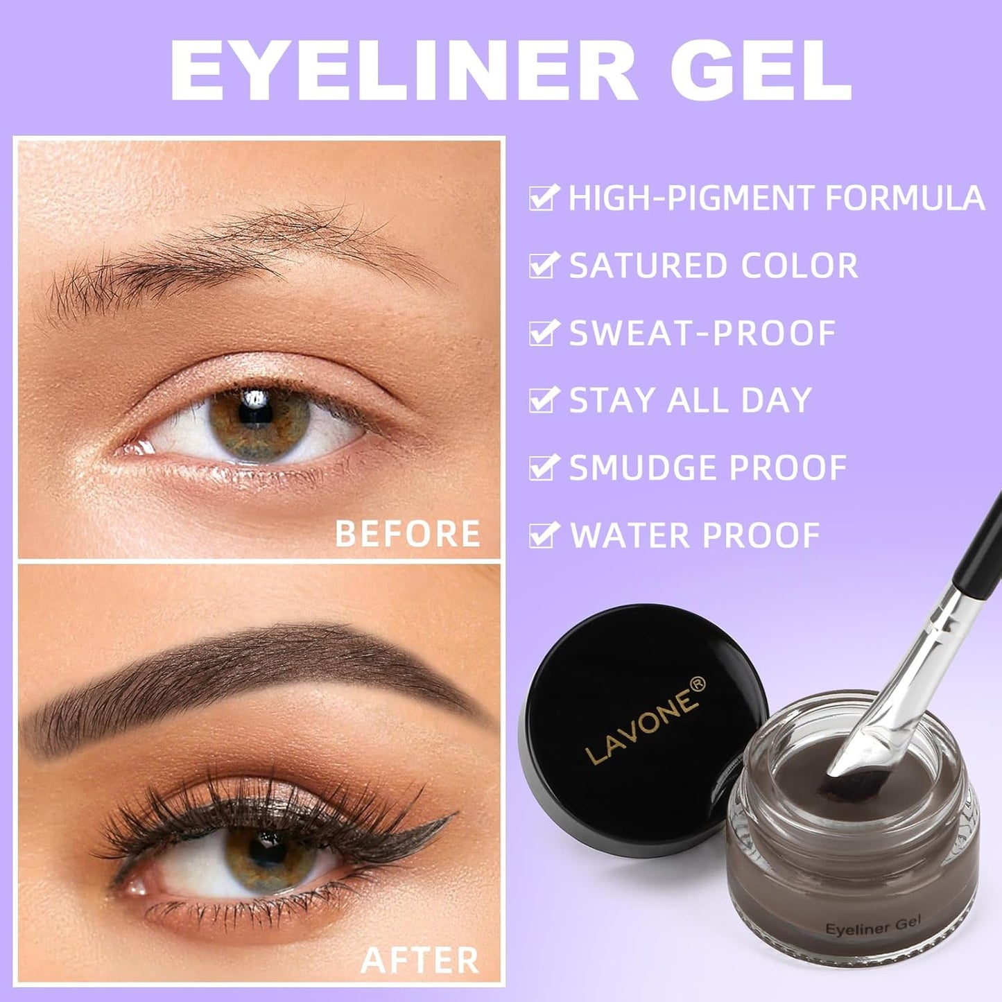 LAVONE Eyeliner Set - Waterproof Makeup Kit with Liquid Eye Liner Pencil, Gel Eyeliner and Angled Eye Liner Brush, Waterproof, Smudge Resistant, Long Lasting Formula - Medium Brown