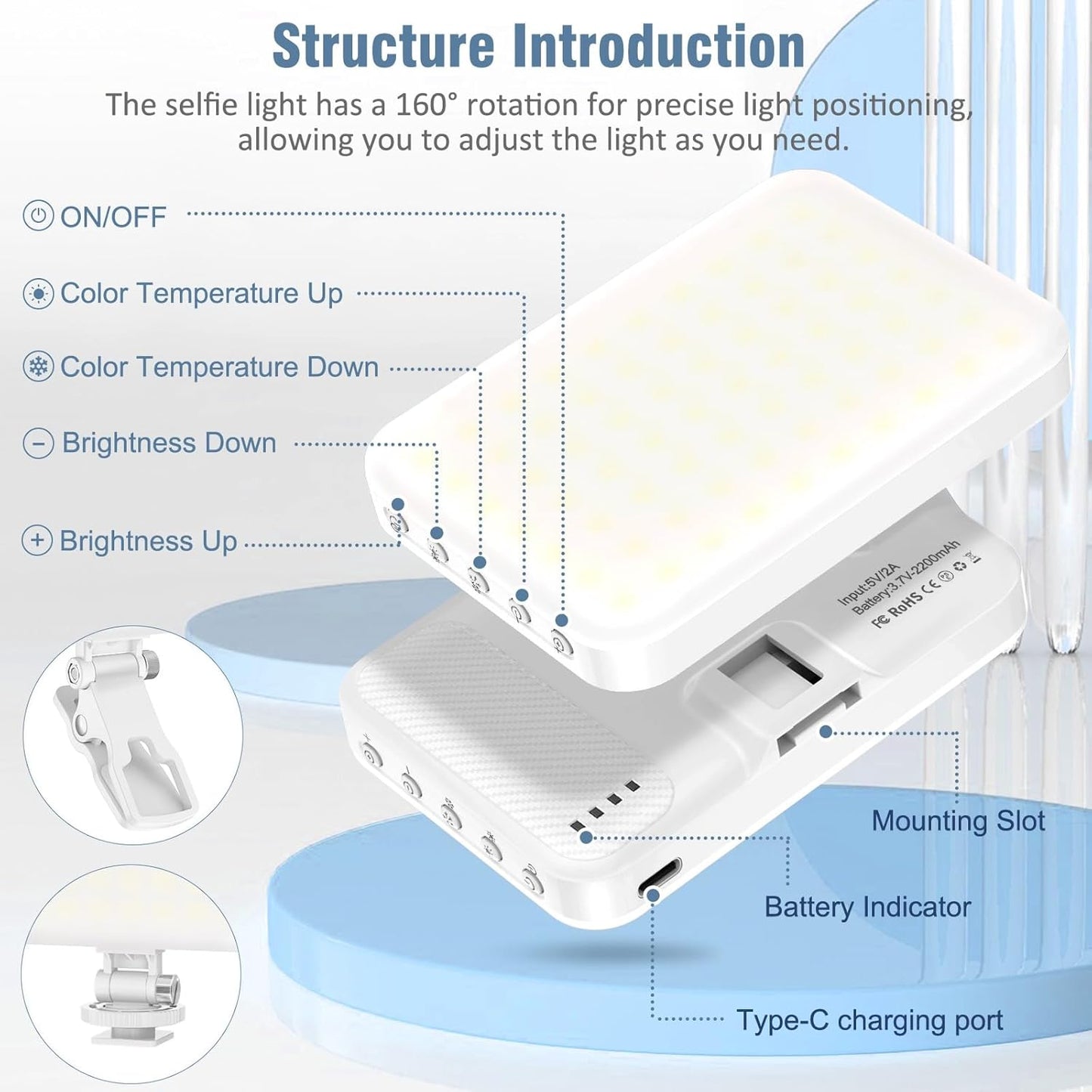 60 LED Portable Selfie Light Video Conference Lighting with Clip & Camera Tripod Adapter Rechargeable 2200mAh CRI 97+, 9 Light Modes for Phone iPhone Webcam Laptop Photo Makeup