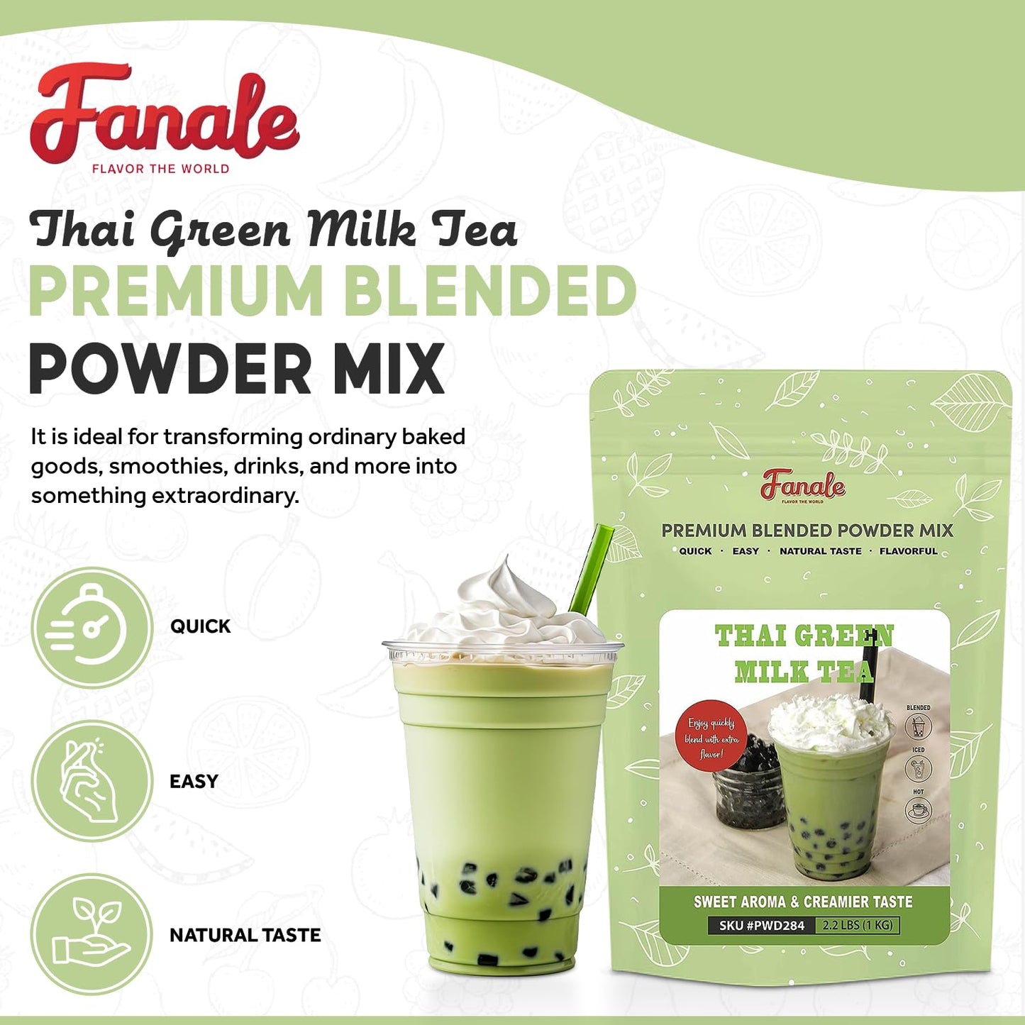 Fanale Premium Thai Green Bubble Tea Flavoring Powder for Boba Tea| Perfect for Baking, Smoothies, Desserts and Drinks | Instant Boba Bubble Tea Powder for Milk Tea - 2.2 Pounds (Pack of 20)